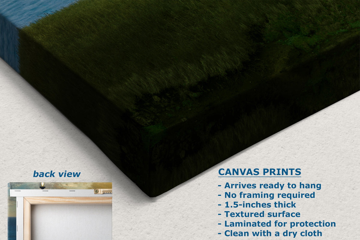 A canvas wall art print shown at an angle on a light textured background, with a small inset labeled 'back view' showing a framed mockup. Text on the image describes canvas prints.