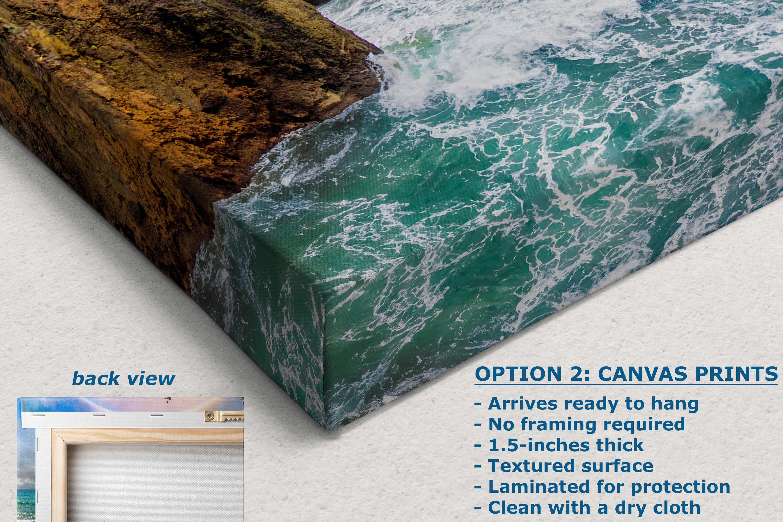 Canvas print of ocean waves with a frame on a white surface