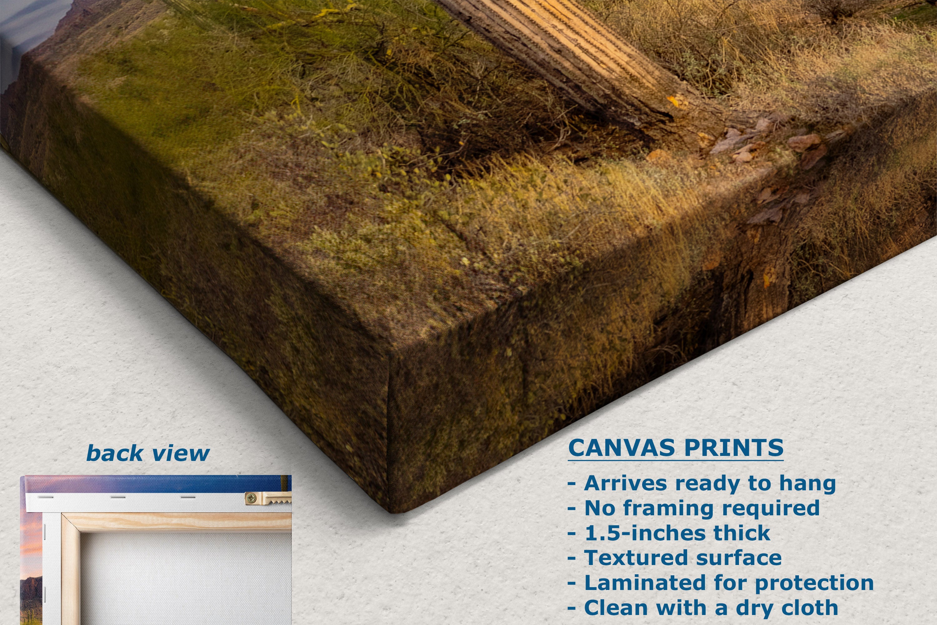 A canvas print product shown at an angle with a mossy, grassy woodland texture on the visible side. Text on the image describes the canvas print features, including a textured surface.