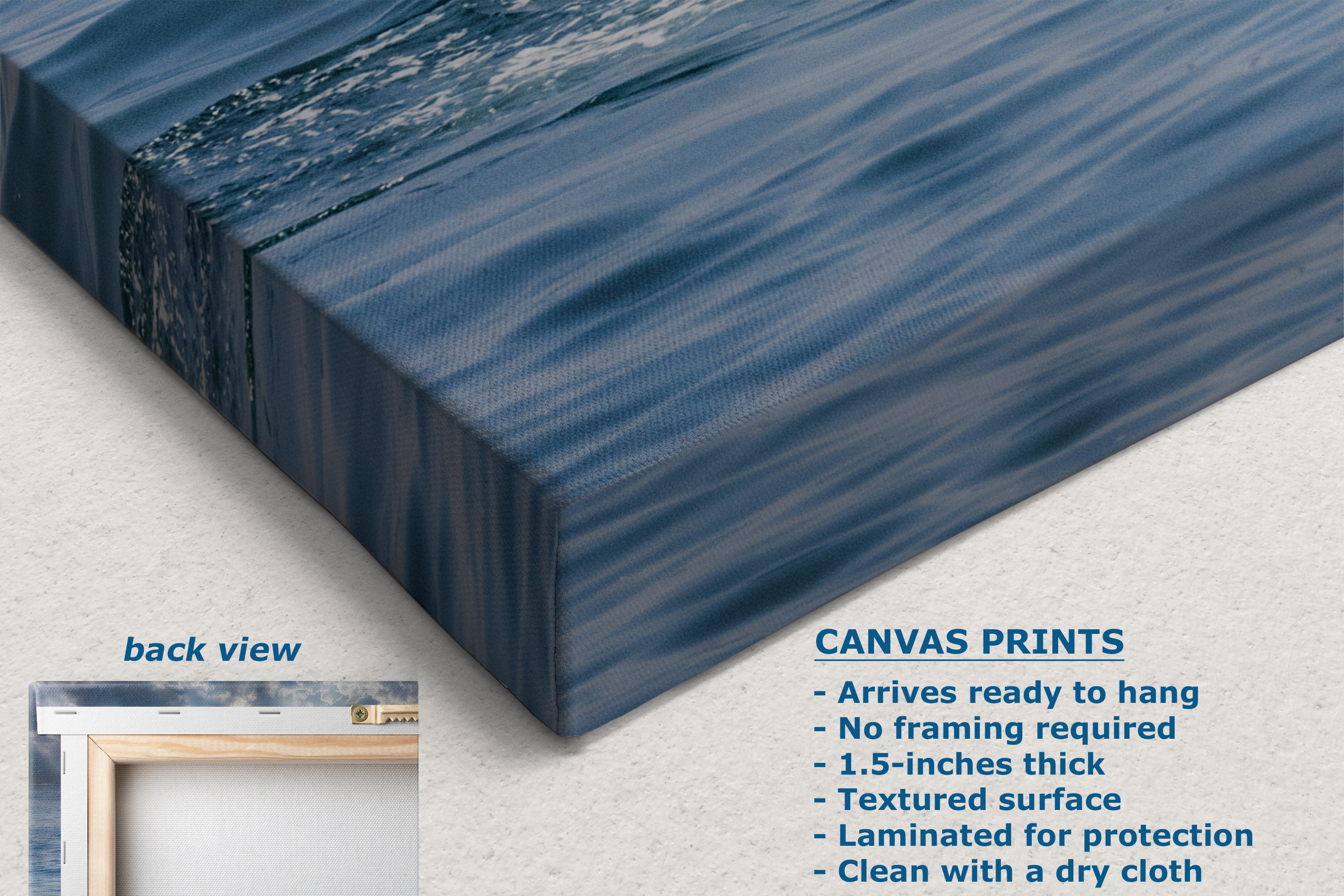 A canvas wall art print showing a blue ocean wave scene, displayed at an angle on a light textured background. The image includes a small inset labeled 'back view' and text reading 'CANVAS PRINTS' with product details like thickness, textured surface, and ready-to-hang finish.