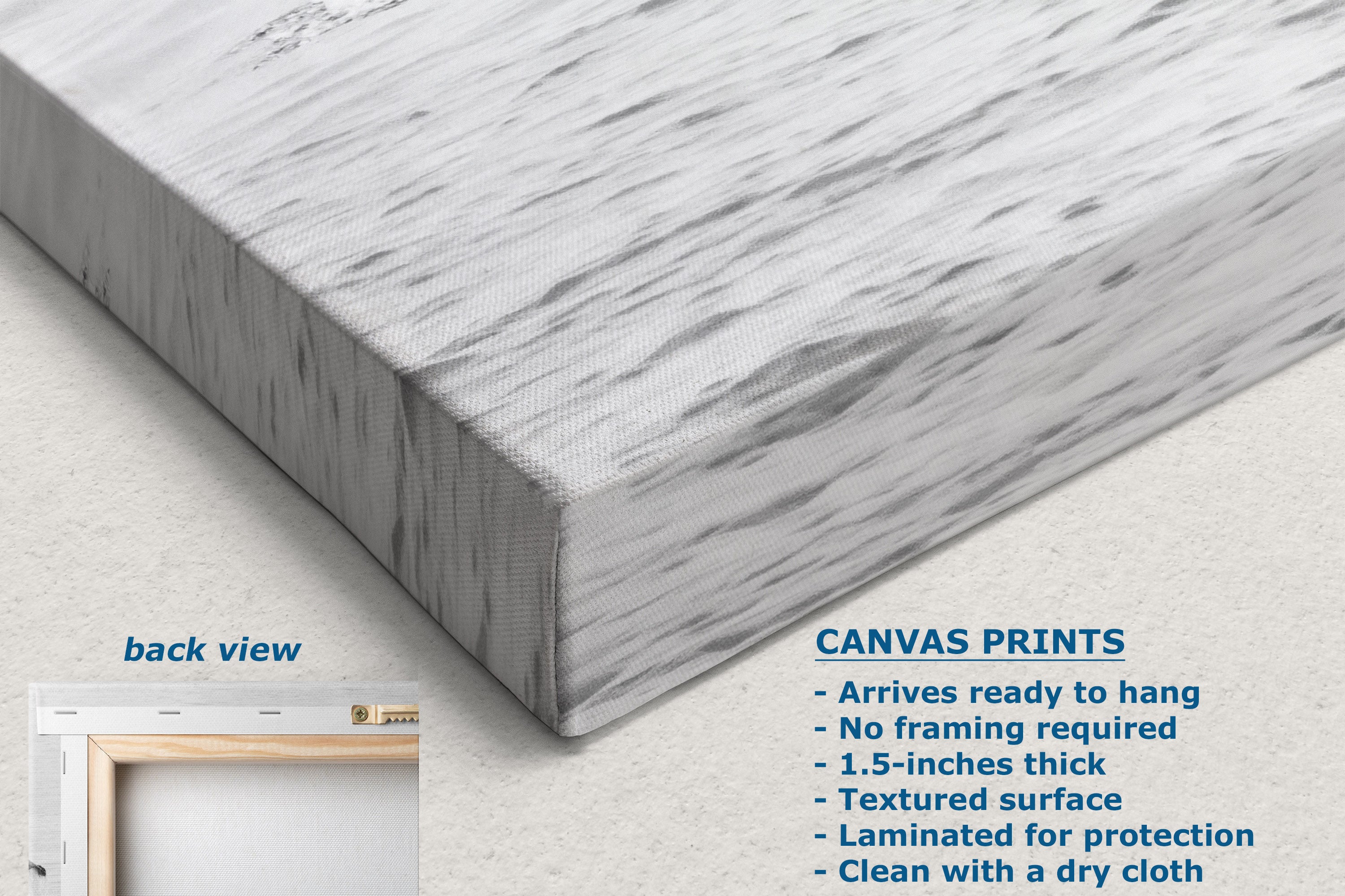 A close-up of a canvas print showing its textured, linen-like surface with a gray and white marble pattern. The image includes a 'back view' inset showing the white backing paper, and a text overlay detailing product features like 'Canvas Prints' and 'Arrives ready to hang'.