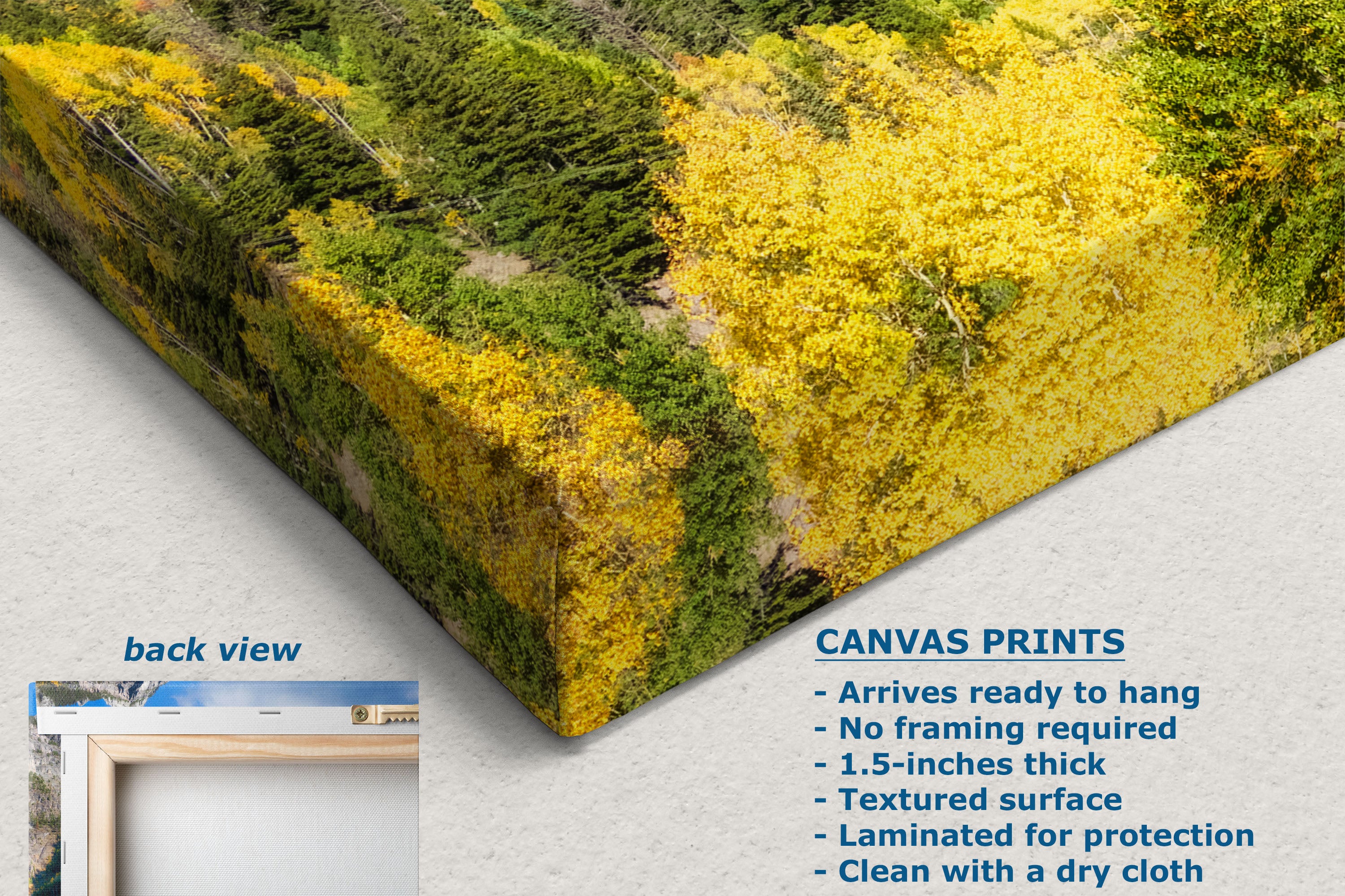 A canvas wall art print shown at an angle on a light gray background, featuring a yellow and green textured pattern. Text on the image describes the print features, and a small inset shows the back view with a frame.