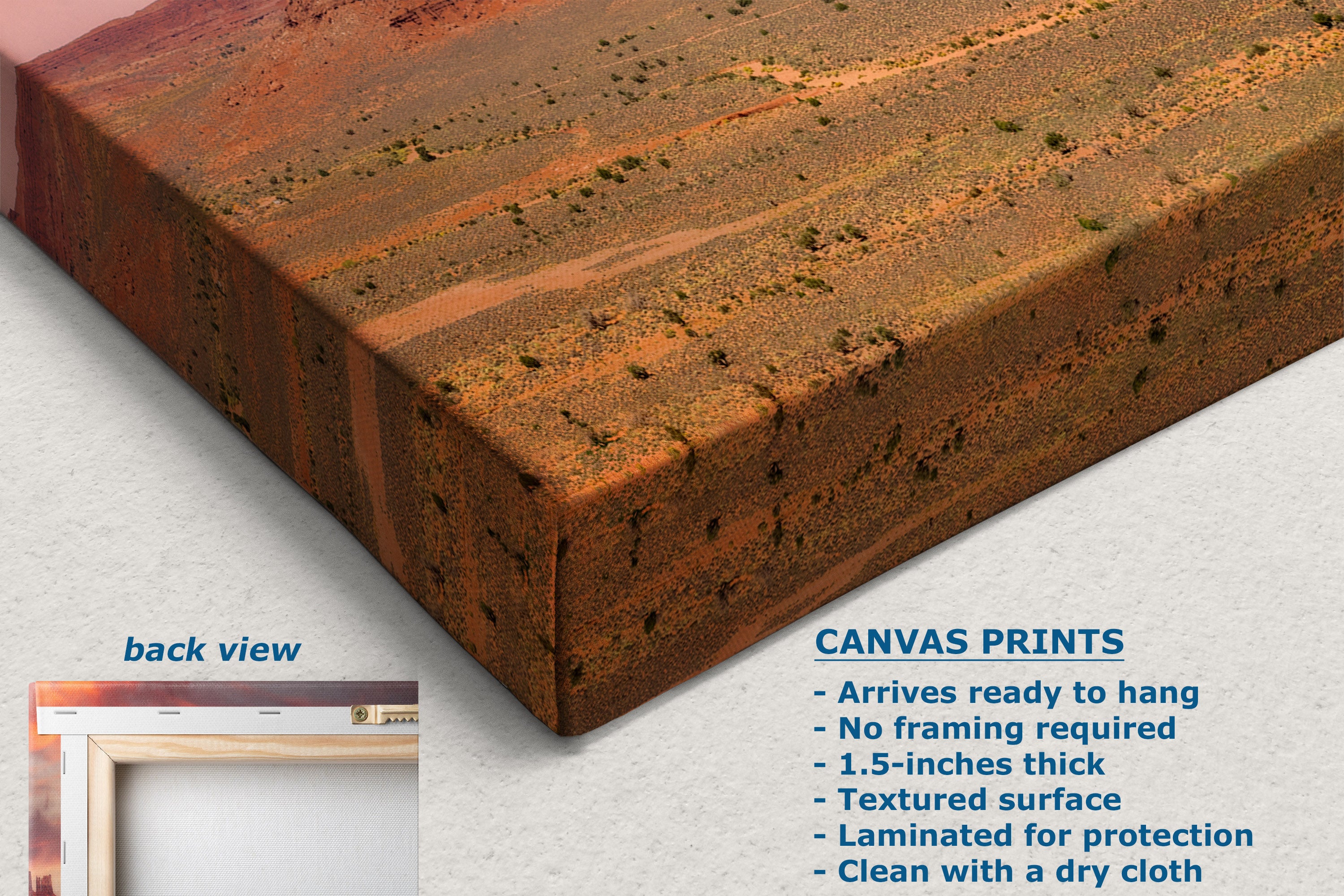 A canvas print product shown at an angle with a rusted orange-brown abstract textured surface. Text on the image describes the print features, and a small inset shows the back view mounted on a wall.