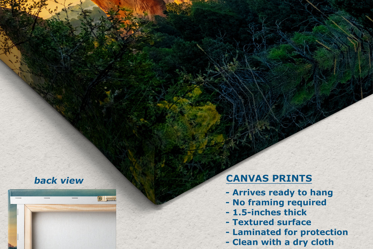 A corner view of a canvas wall art print shown at an angle with a forest landscape design, including a small inset labeled back view and text describing canvas print features.