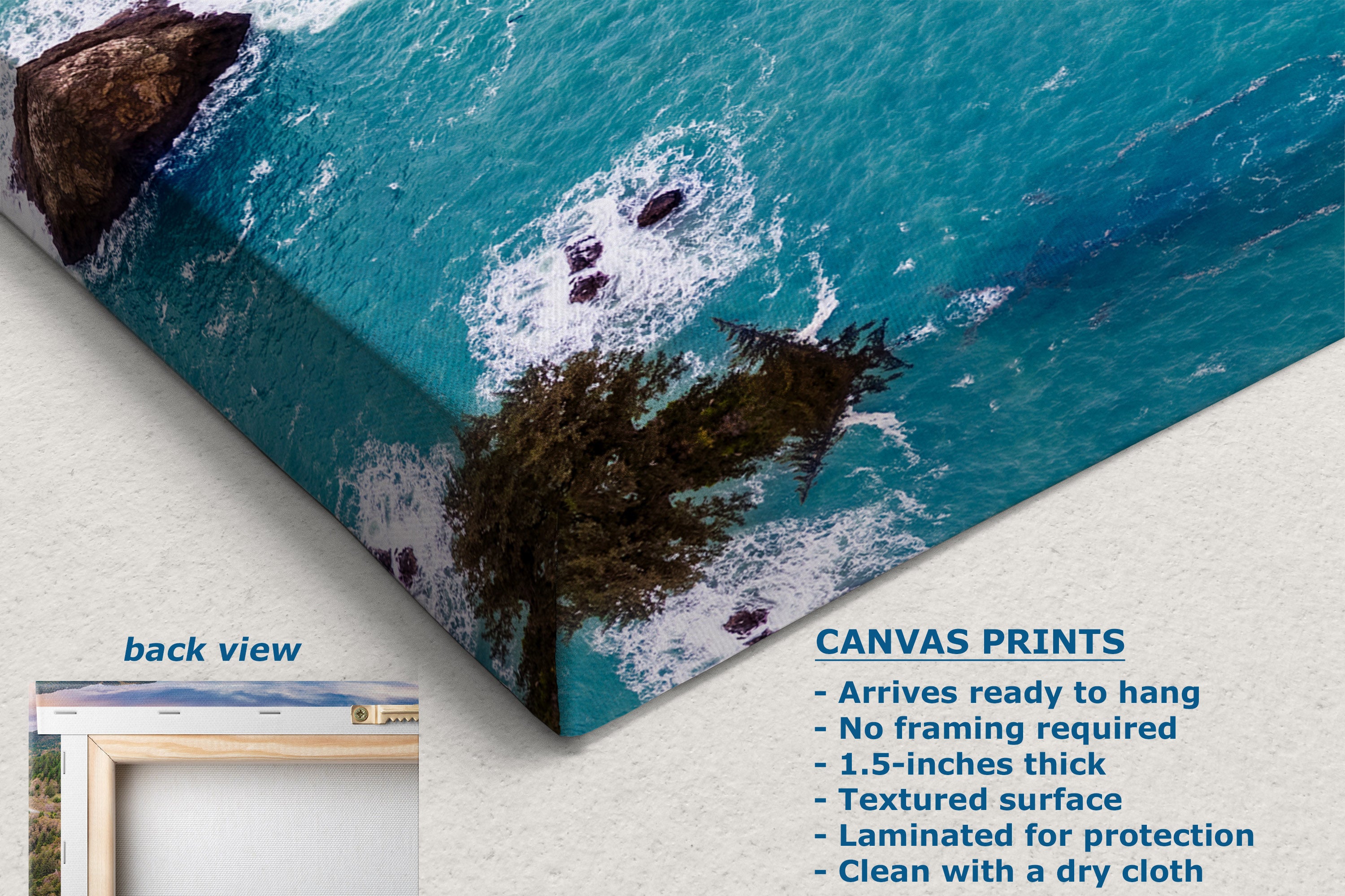 Canvas wall art print showing a coastal ocean scene with turquoise water, white surf, and dark rocky shoreline. The image includes a small inset labeled 'back view' and text describing canvas print features, on a light neutral background.