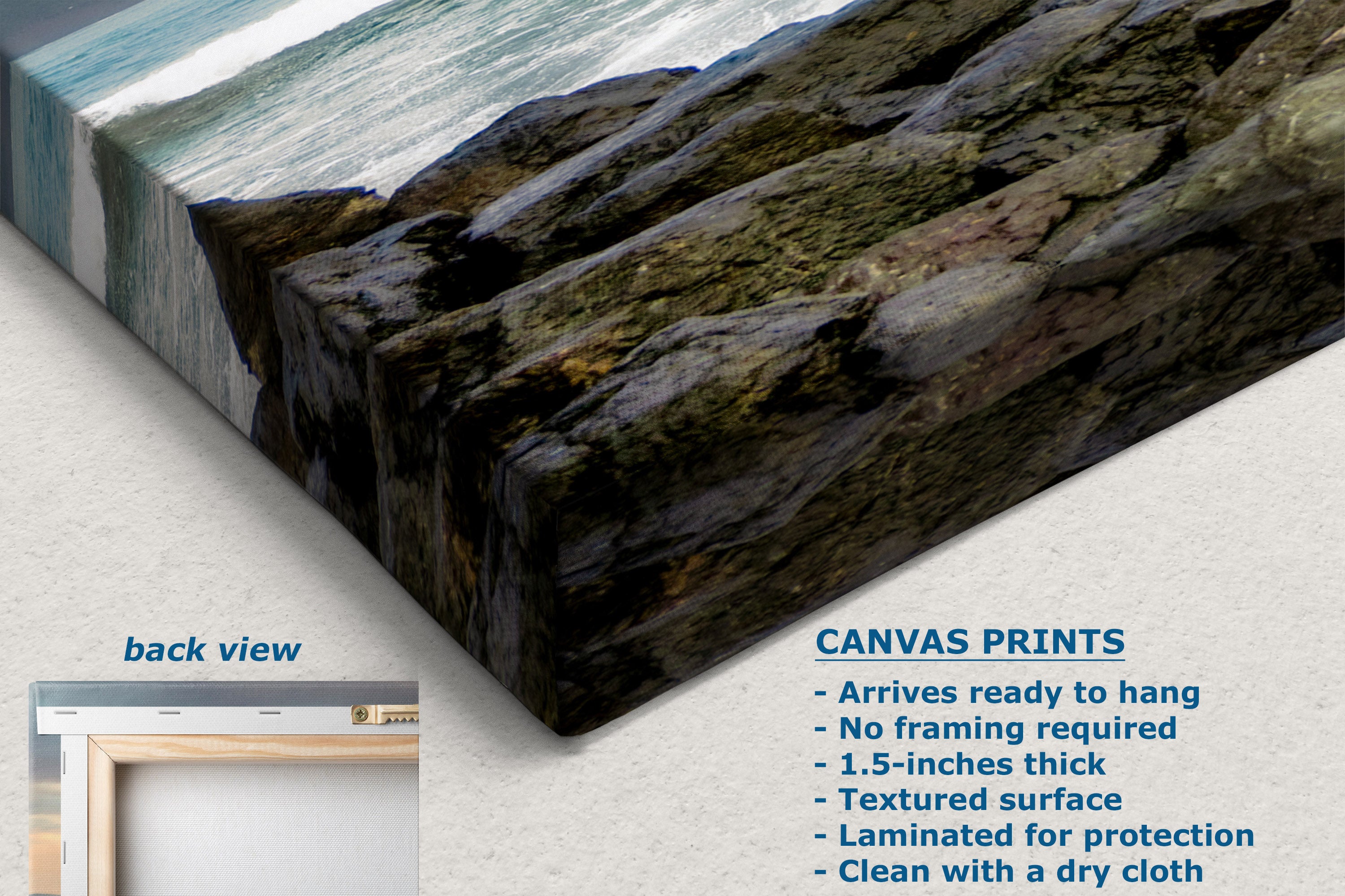 A canvas wall art print showing a rocky shoreline with ocean waves, displayed at an angle on a light neutral background. The image includes a small inset labeled 'back view' and text describing canvas print features such as thickness, textured surface, and care instructions.