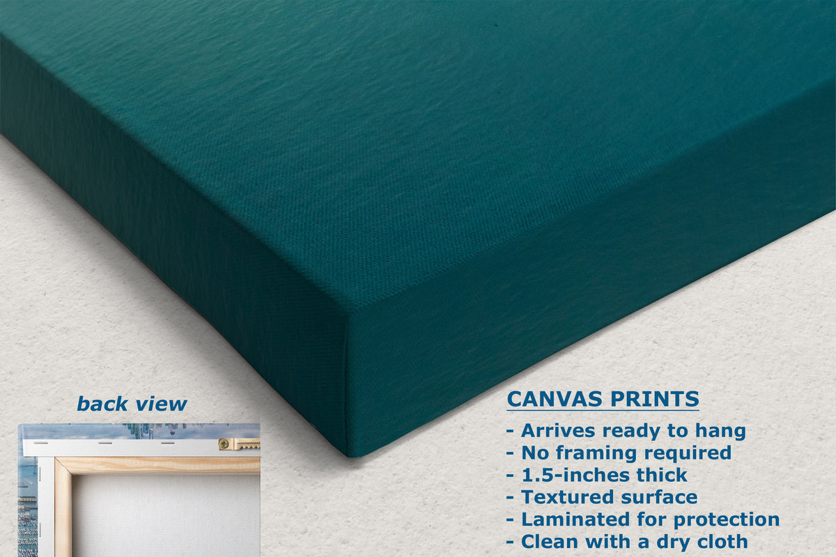 A corner view of a canvas wall art print shown at an angle on a light neutral background, with text describing canvas print features and a small inset labeled back view showing a framed presentation.