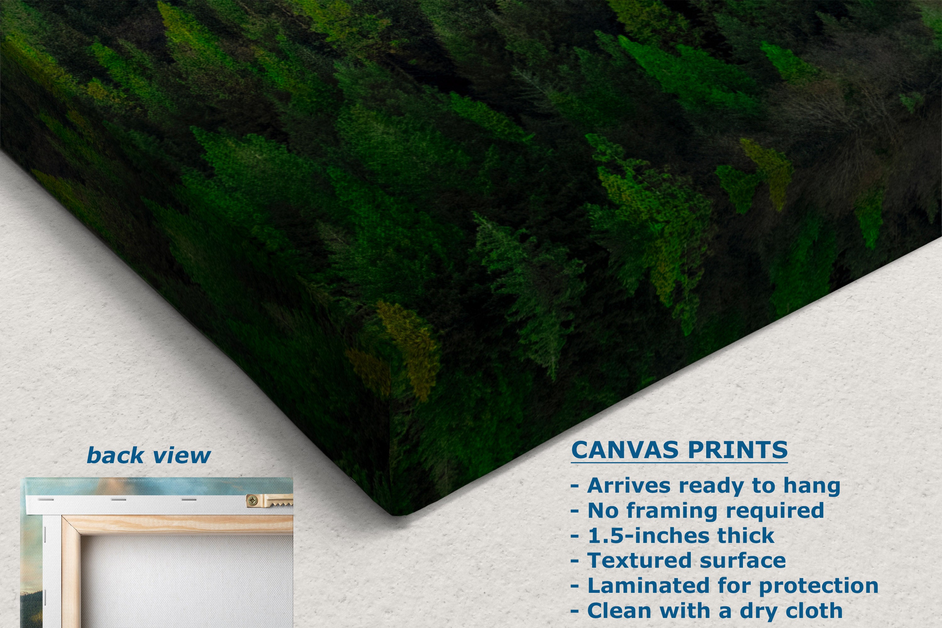 A corner view of a canvas wall art print showing the depth of the product, features, and specifications on a white background.