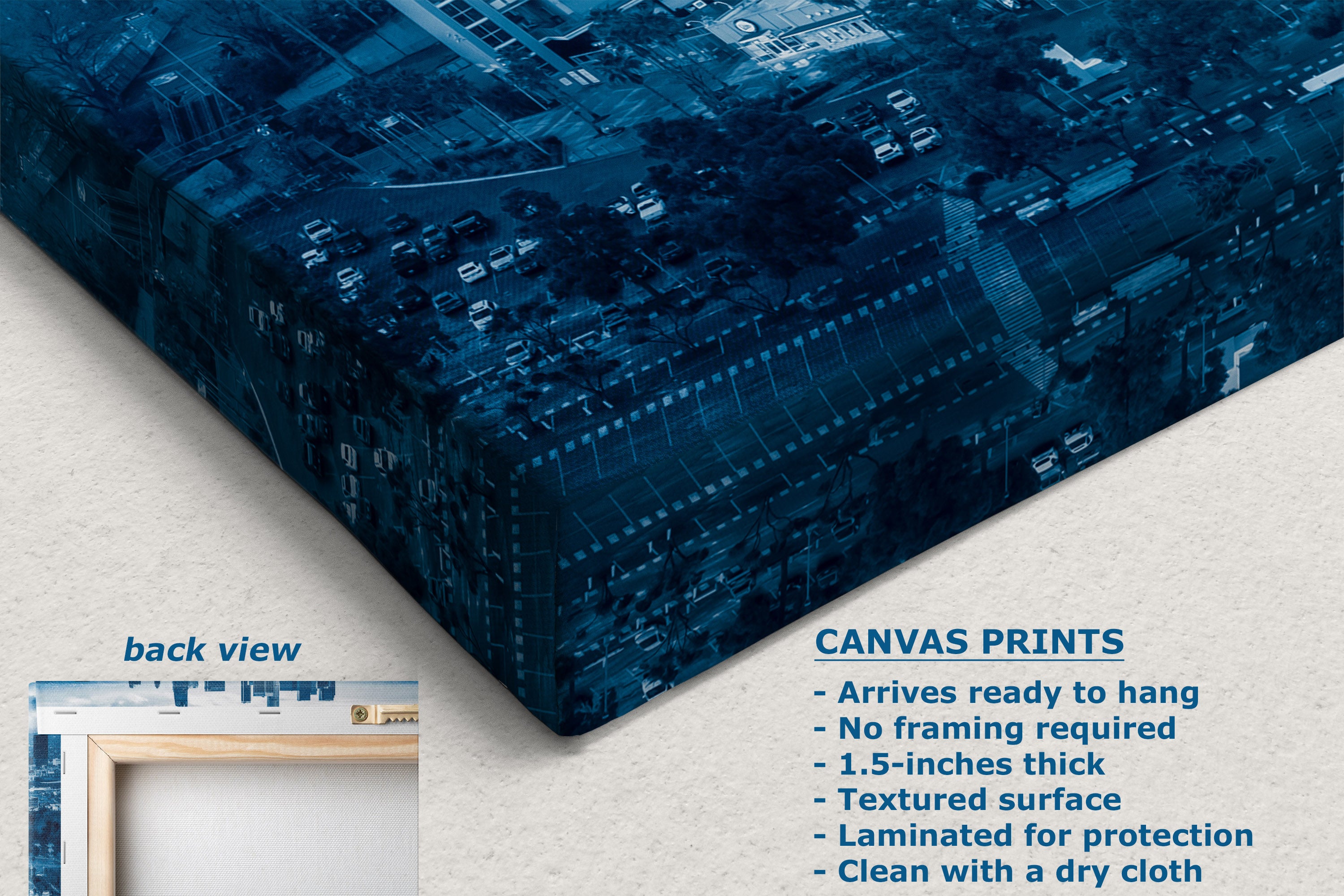 A blue-toned canvas wall print shown at an angle on a light textured wall, with a small inset labeled back view and product text describing canvas print features.