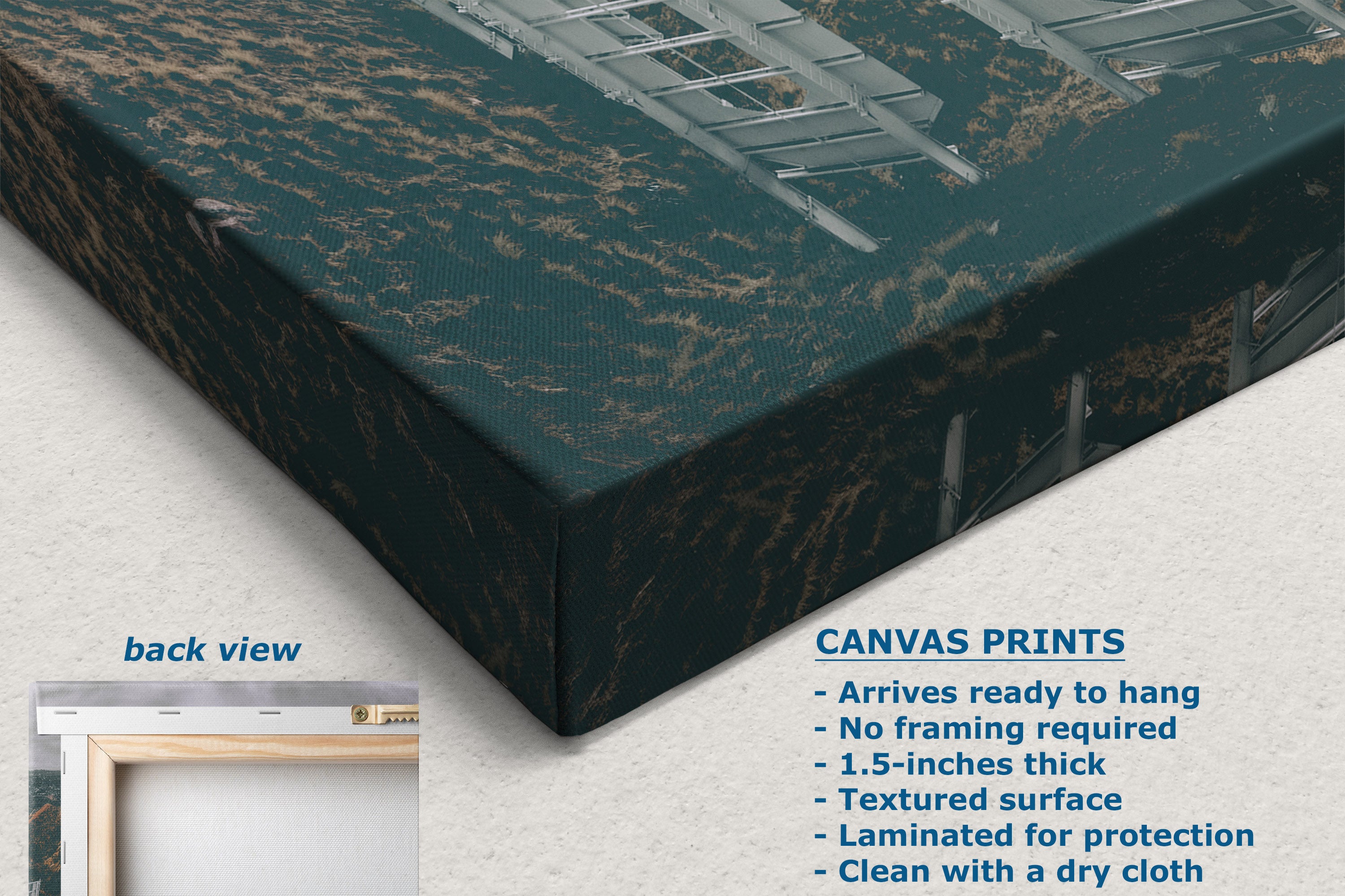 A canvas wall art print shown at an angle, with a small inset labeled back view and text describing the canvas print features. The artwork depicts a moody industrial dock or bridge scene in deep teal and black tones with warm gold highlights.