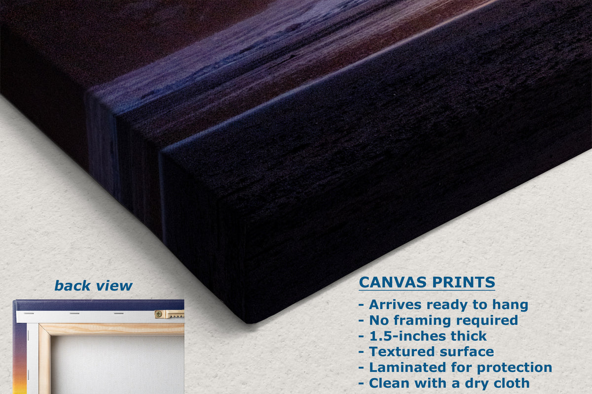 A corner view of a canvas wall art print with a back view inset and text detailing features and specifications.