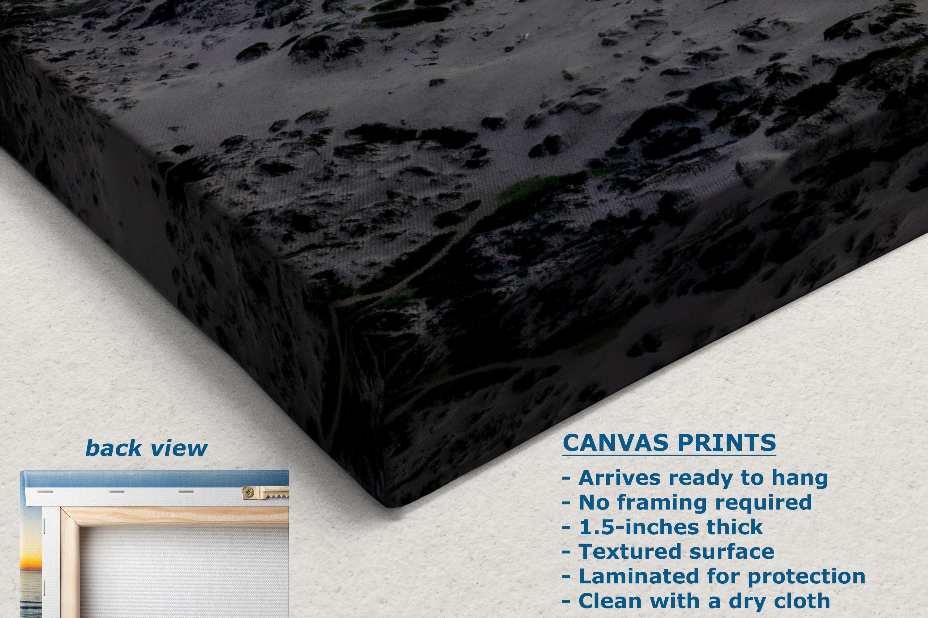 A canvas wall art print shown at an angle with a dark, textured abstract surface. The image includes text describing the print features and a small inset labeled 'back view' showing the canvas edge.