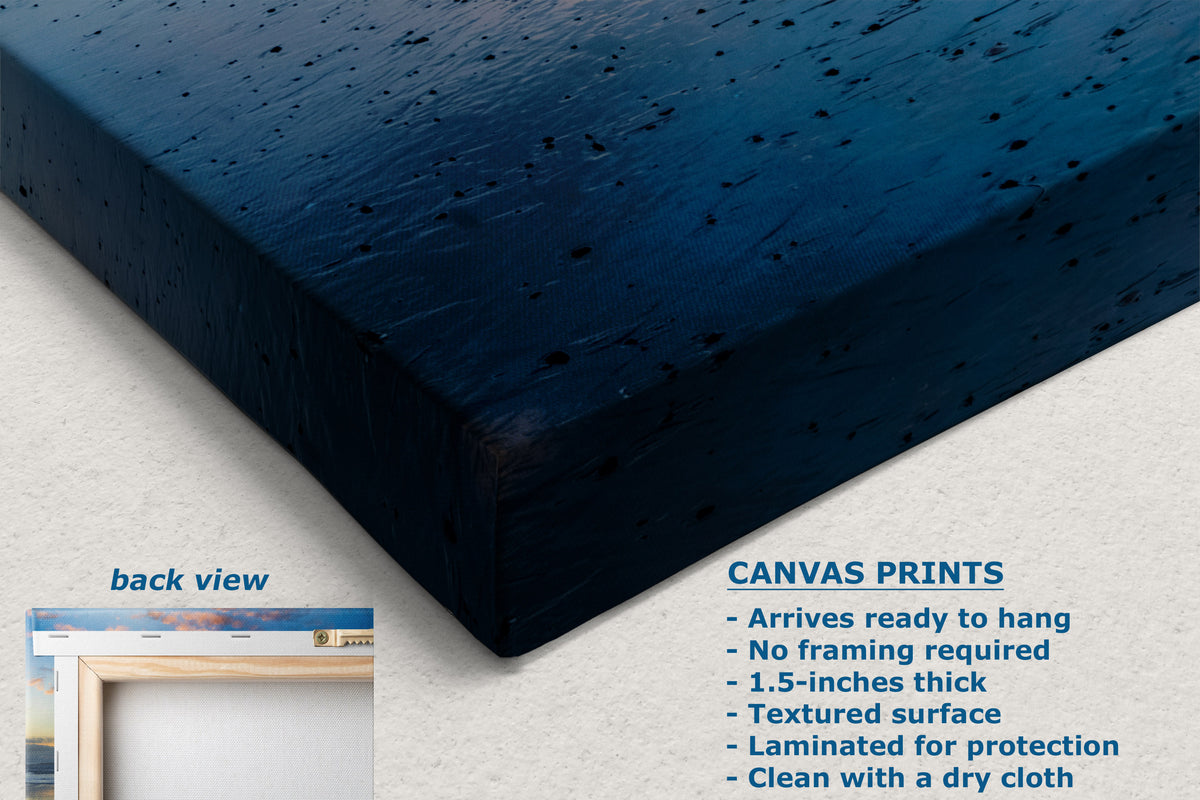 A close-up of a textured canvas print showing its depth and corner, with a small inset labeled 'back view' and text describing canvas print features on a light background.