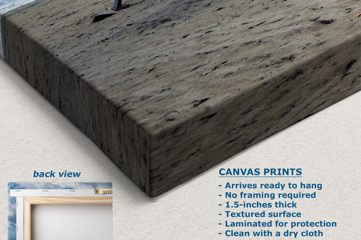 A large textured canvas print shown at an angle on a light neutral background, with text describing canvas print features and a small inset labeled back view showing a framed mockup.