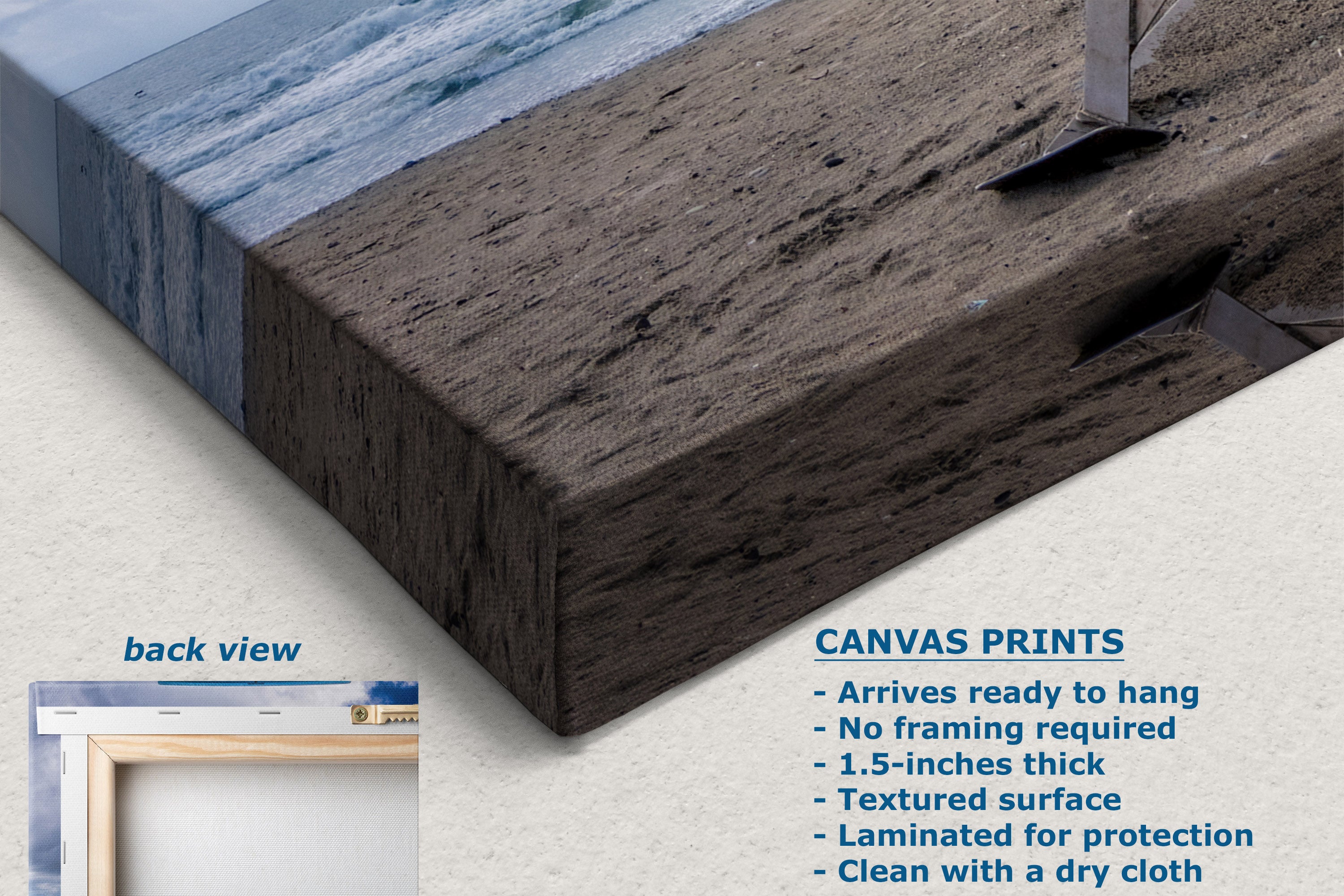 Canvas wall art print shown at an angle with a textured dark brown and gray surface, plus a small inset labeled back view and text describing canvas print features.