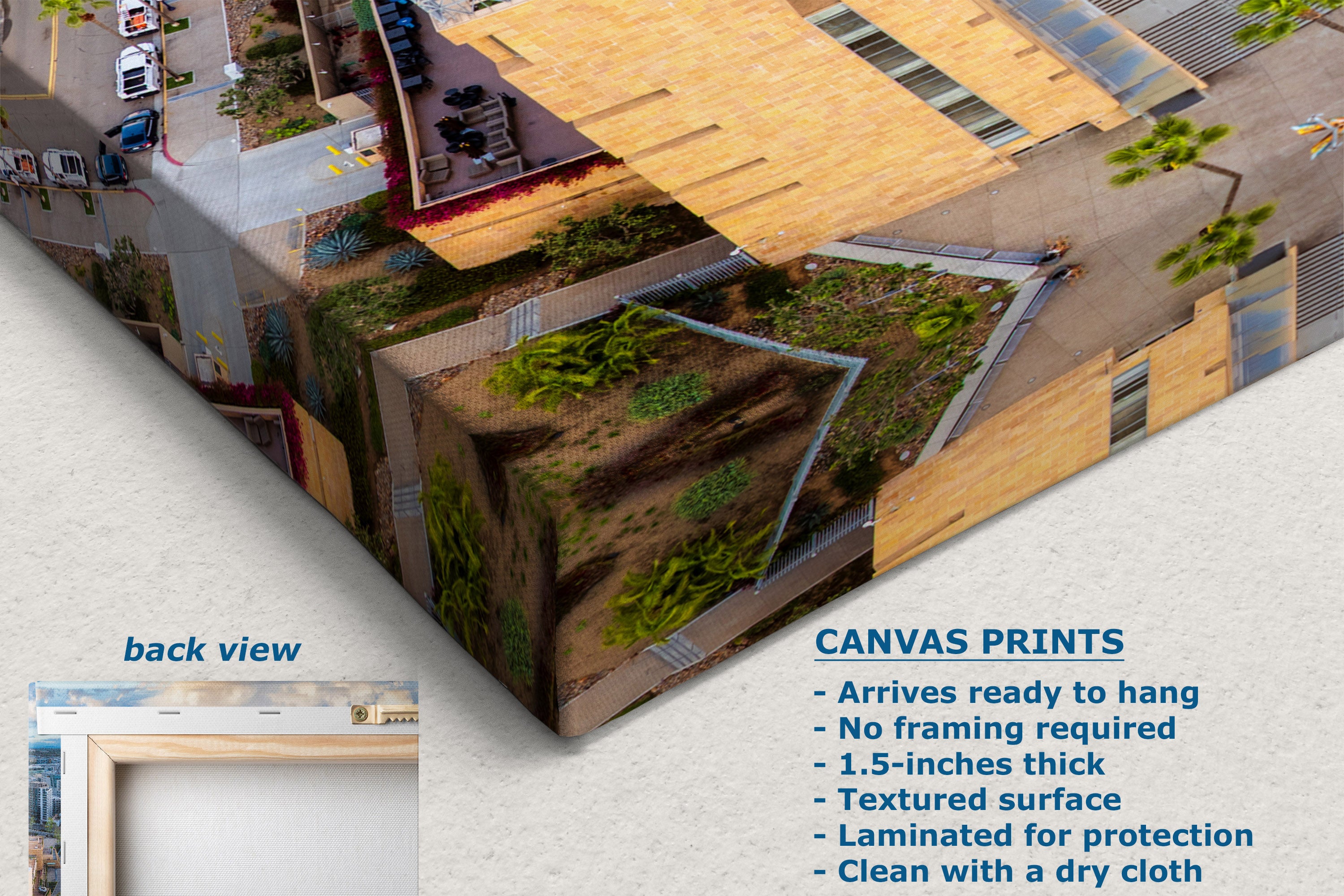 A corner view of a canvas print product mockup showing an aerial architectural scene with green roofs and tan building surfaces, overlaid with text describing canvas print features and a small inset labeled back view.