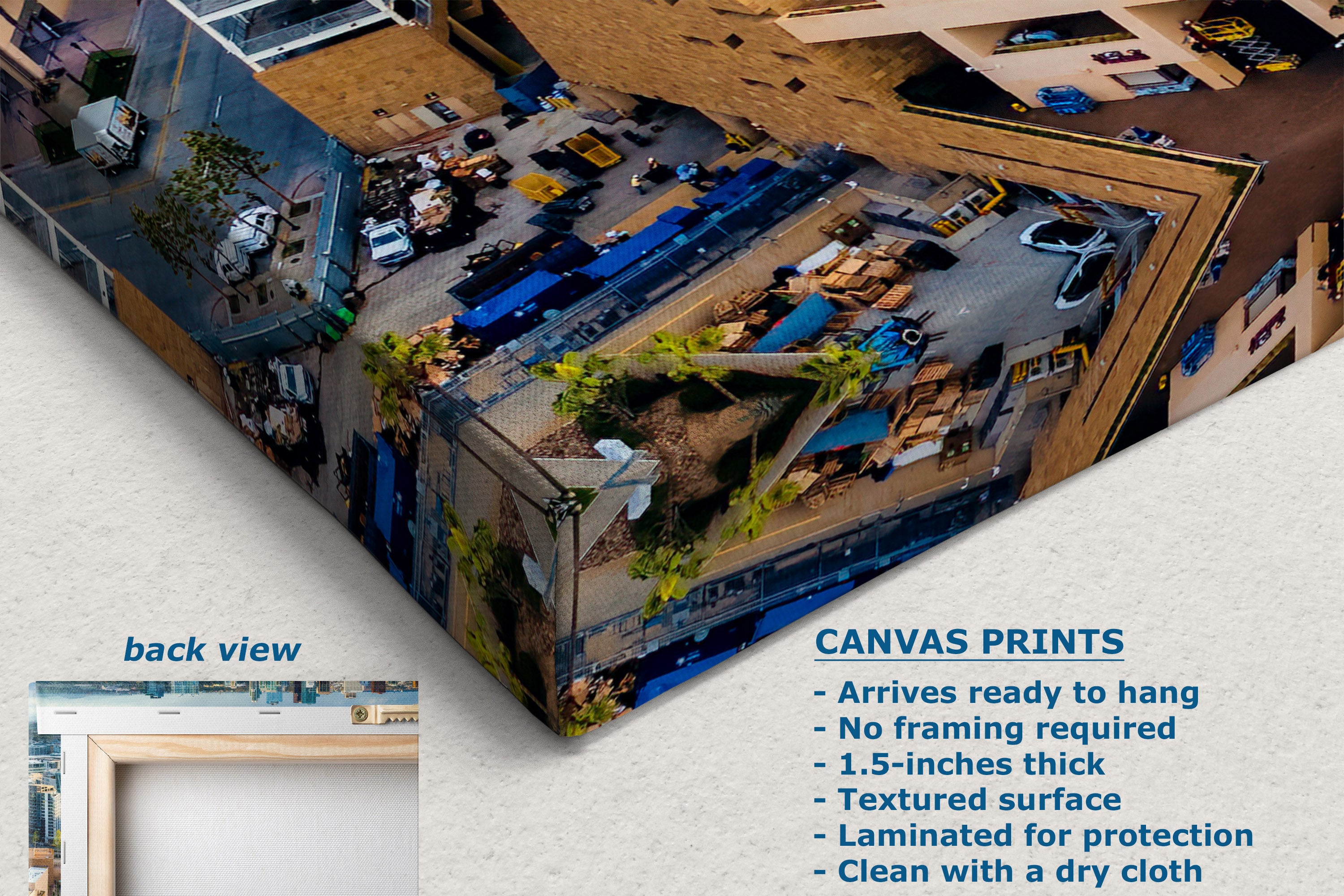 A corner view of a canvas print shown at an angle with a text panel describing features and a small inset labeled back view. The print depicts an aerial-style street scene with buildings, cars, and trees.