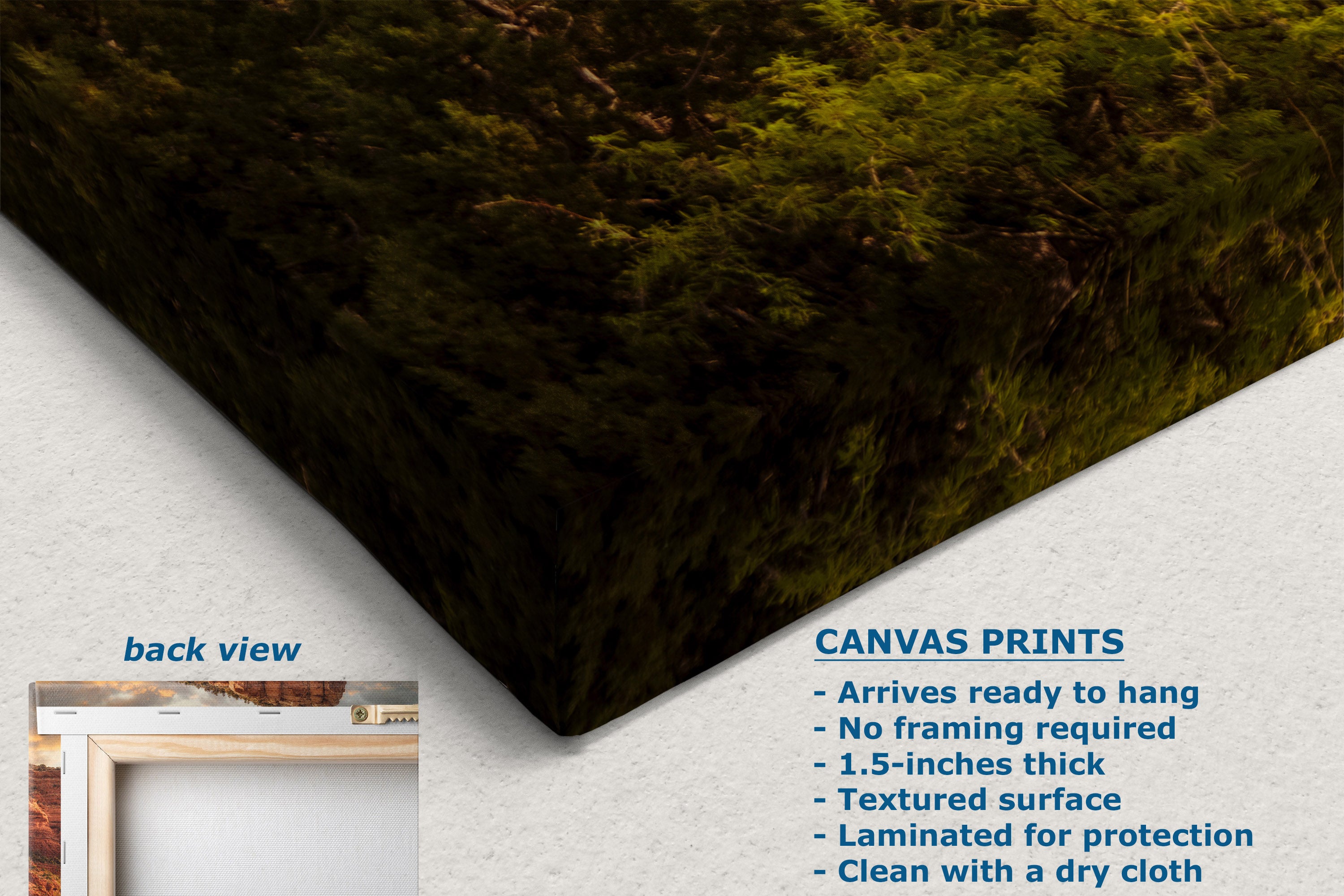 A corner view of a canvas print product shown at an angle on a white background, with a small inset labeled 'back view' showing the reverse side. Text on the image describes the print as textured forest foliage and lists features such as ready-to-hang.