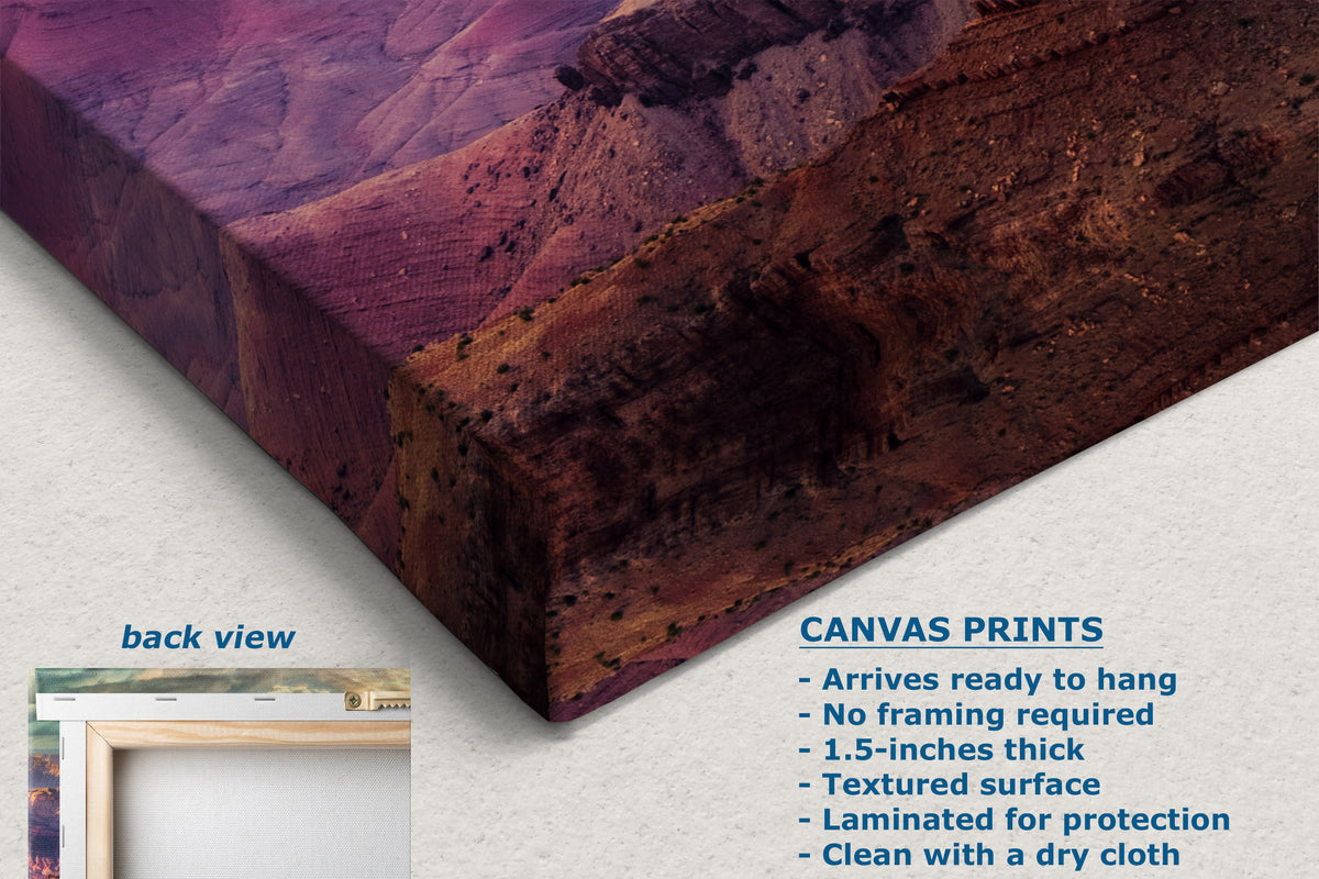 A canvas print of a canyon landscape shown at an angle, highlighting its textured surface and wrapped edge. The image includes a text overlay detailing product features ('CANVAS PRINTS') and a small inset showing the 'back view' with a white frame.