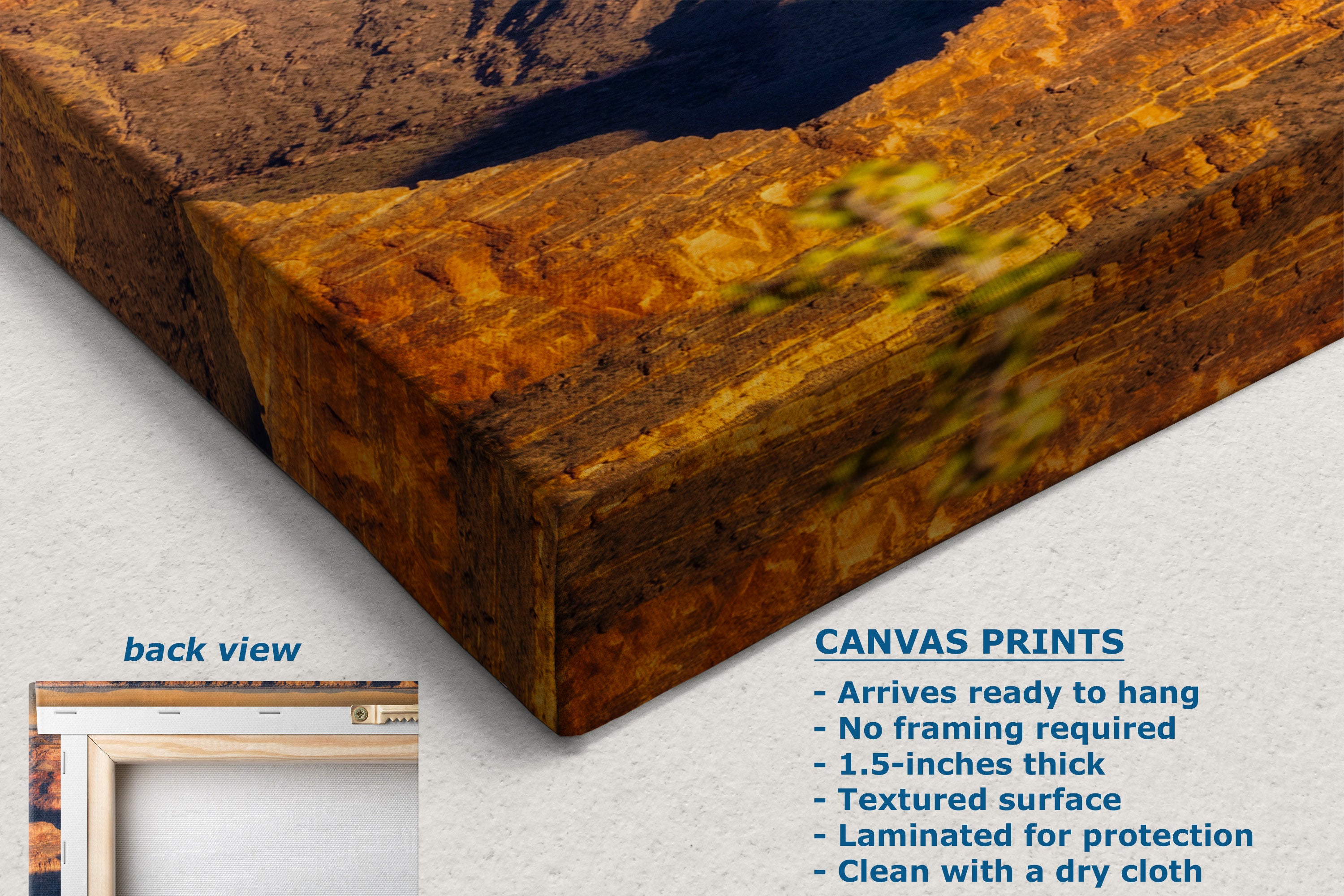 A canvas wall art print showing a close-up of a textured wooden surface with a dark blue river or shadow running through it, displayed on a light background with text describing the print features and a small inset labeled back view.
