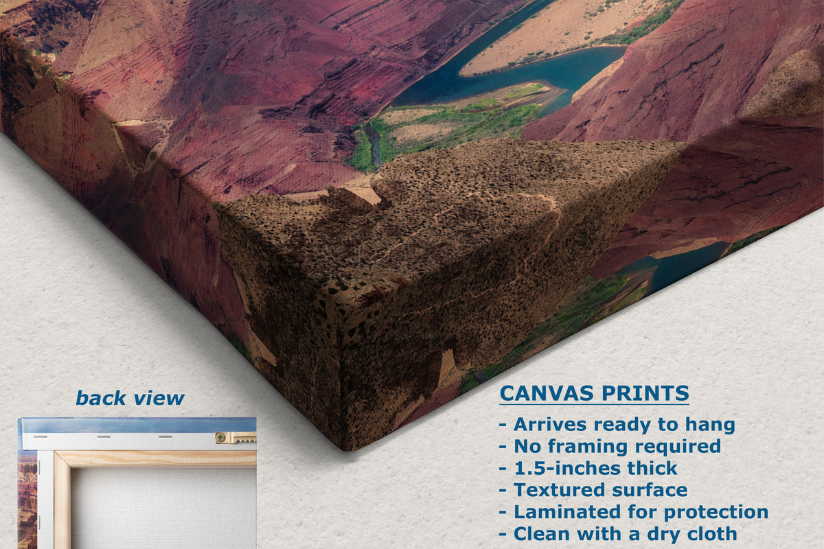 A canvas print of a desert canyon landscape with a river winding through it, shown at an angle with text describing product features and a small inset showing the back view.