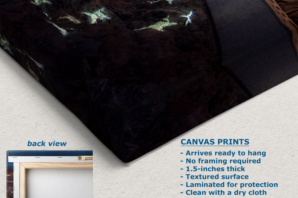 A canvas wall art print shown at an angle on a light textured background, with text describing the print features and a small inset labeled back view showing the framed edge.
