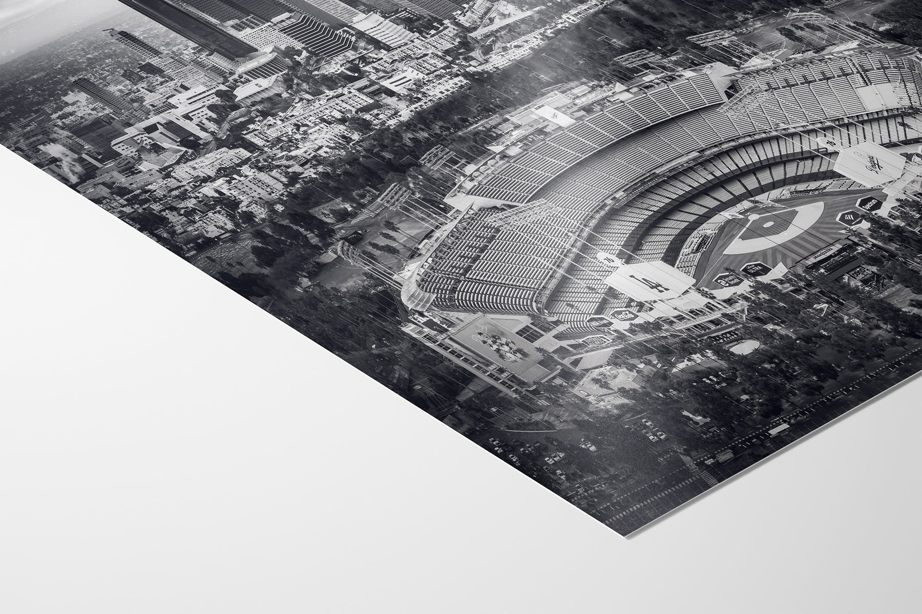 Paper print detail of monochrome Dodger Stadium and the downtown Los Angeles cityscape, black and white baseball wall art