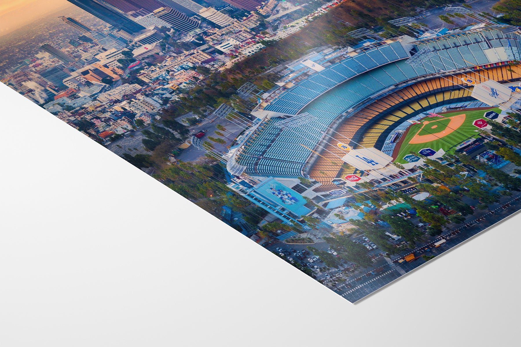 Paper print detail of Dodger Stadium and the downtown Los Angeles skyline at sunset, baseball wall art