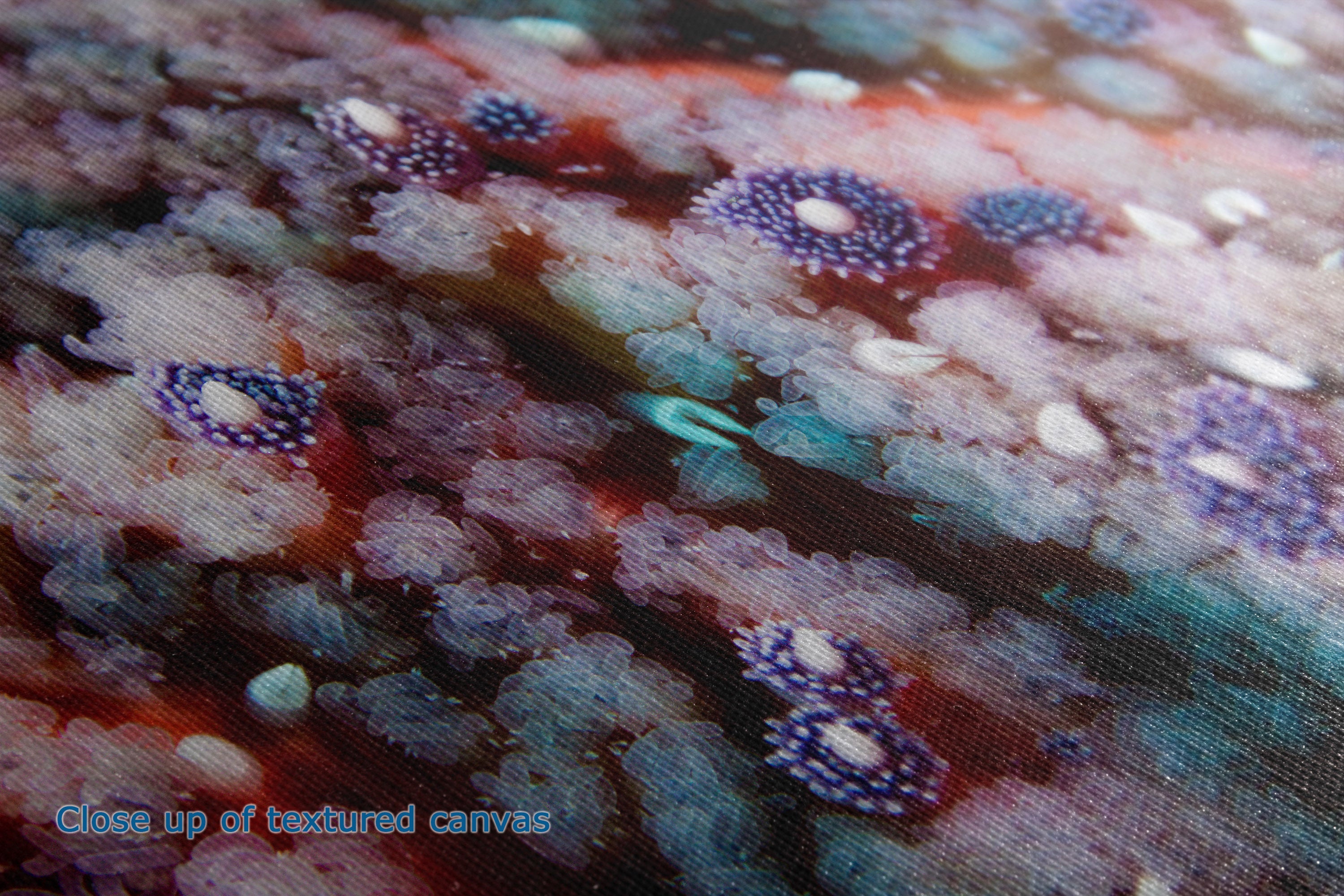 Close-up of a textured canvas print featuring a colorful abstract pattern with purple, blue, red, and white circular floral-like motifs.