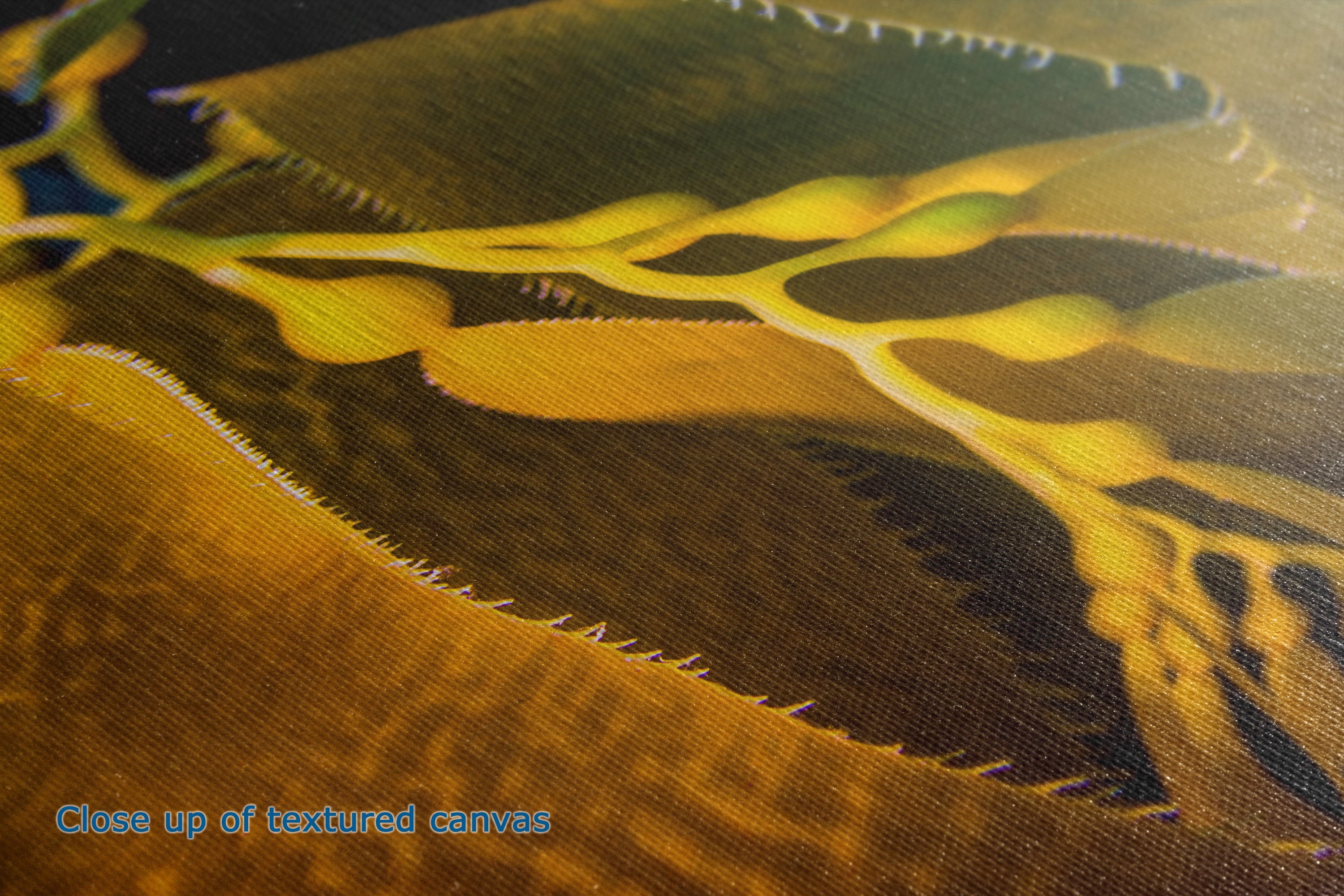 Close-up of a textured canvas print featuring an abstract organic pattern in golden yellow, brown, and black, with a small blue text overlay reading 'Close up of textured canvas' in the bottom-left corner.