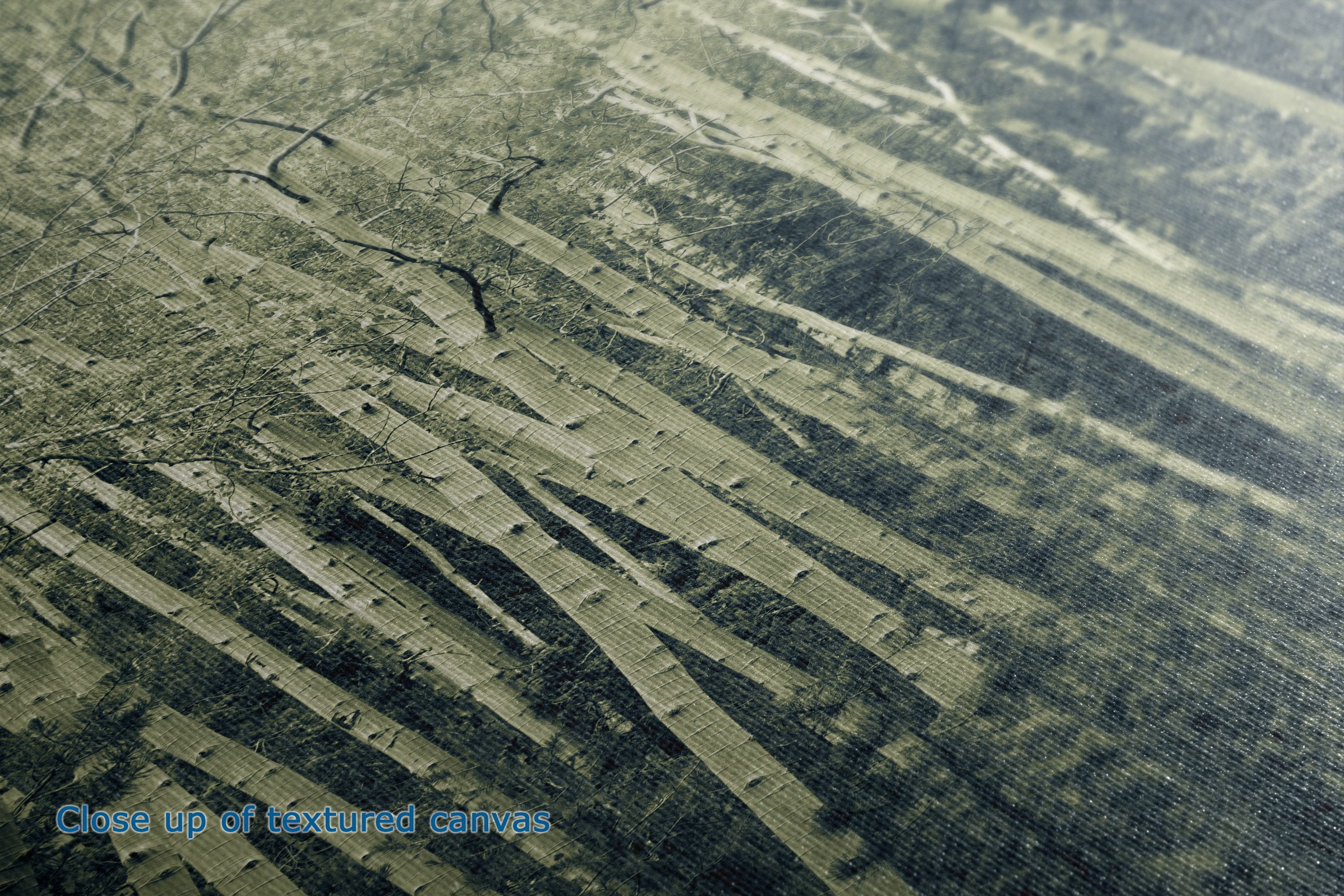 A close-up of a textured canvas print featuring an aerial view of a patchwork landscape with diagonal fields in muted green, beige, and gray tones. A small blue text overlay in the bottom-left corner reads 'Close up of textured canvases'.