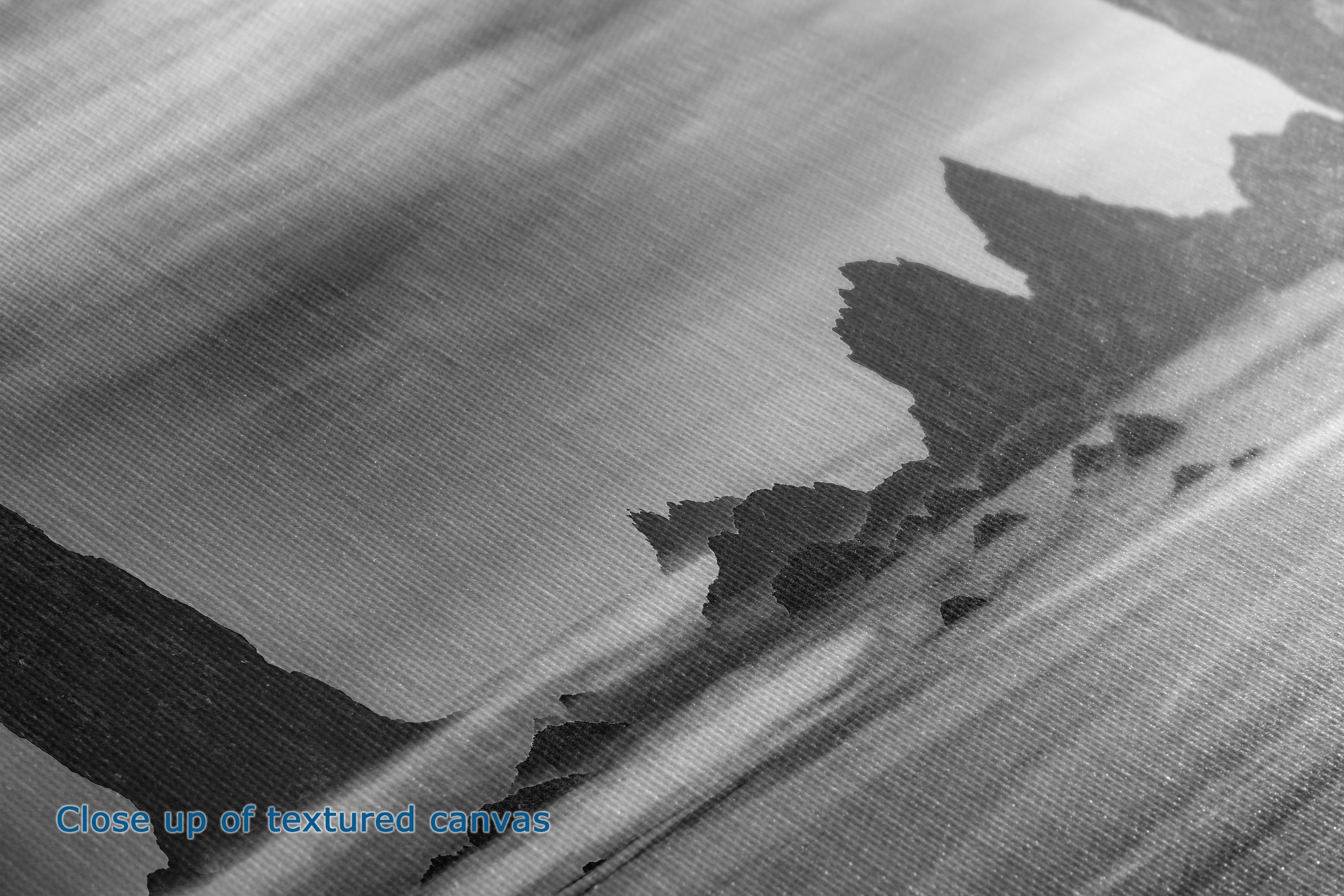 Close-up of a textured canvas print with a monochrome abstract landscape design, featuring dark silhouettes of trees or rocks against a light gray background. Blue text in the bottom-left corner reads 'Close up of textured canvas'.