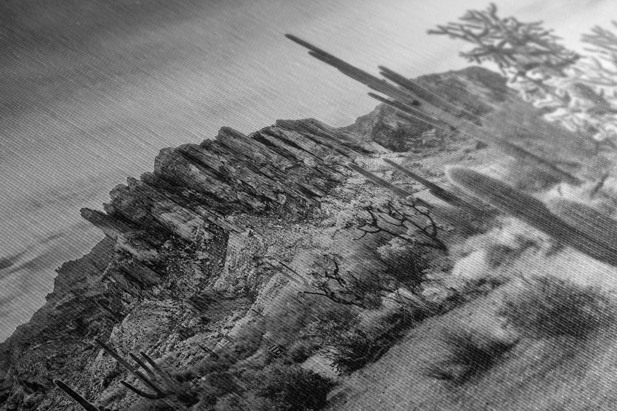 A close-up of a canvas wall art print showing the texture and detail of a black-and-white fine art print depicting a rugged desert landscape with tall saguaro cacti and rocky cliffs under a cloudy sky.