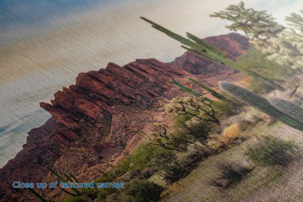 Close-up of a textured canvas print depicting the texture and detail of a desert landscape with reddish-brown rock formations, green cacti, and a pale sky. Blue text in the lower-left corner reads 'Close up of textured canvas'.