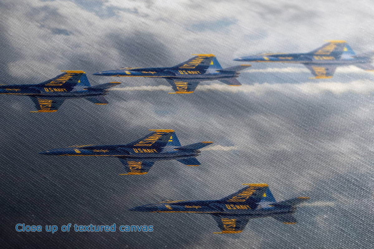 Close-up of the detail and texture of a  canvas print depicting four blue and yellow U.S. Navy fighter jets.