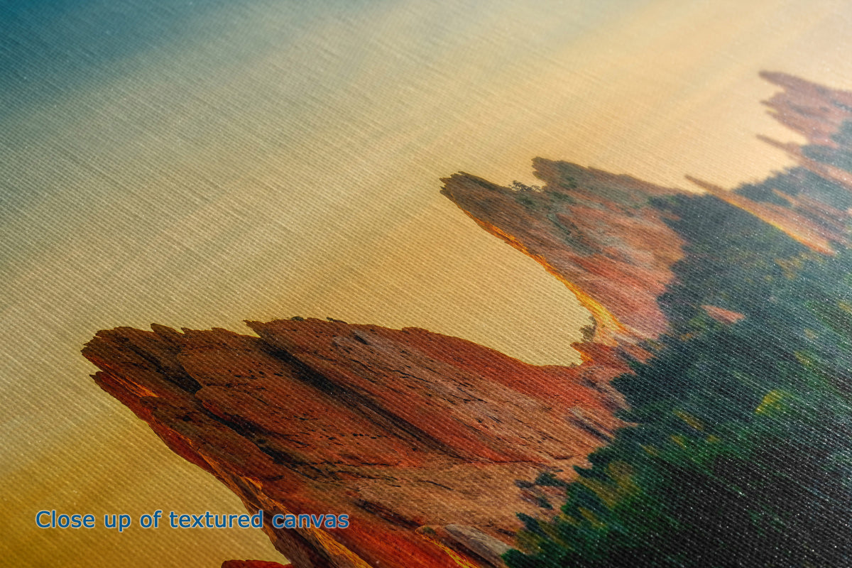 Close-up of the detail and textured canvas painting depicting a coastal landscape with reddish-brown cliffs, green foliage, and a warm beige sky.