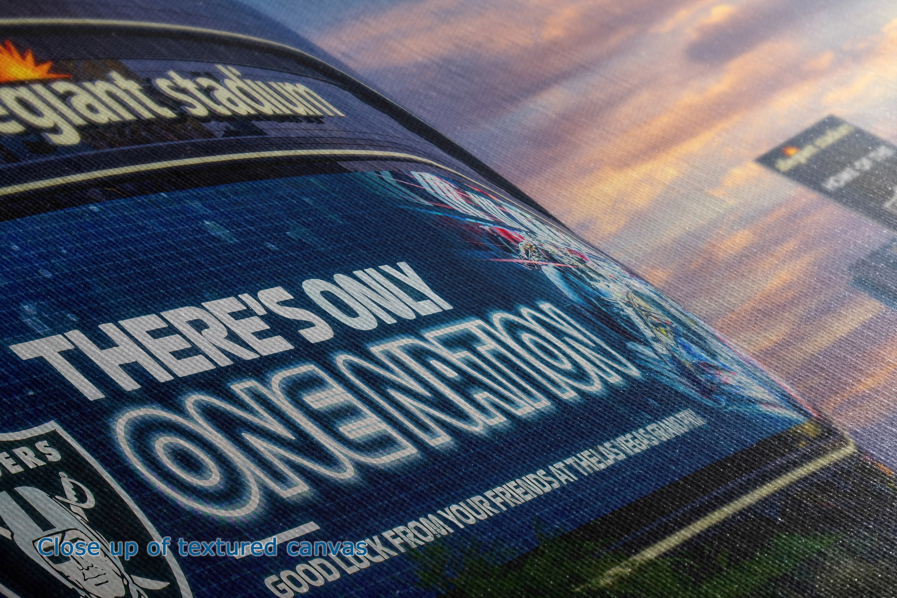 Close-up of the detail and texture of a canvas wall art print featuring a stadium scene with the text 'THERE'S ONLY ONE NATION' and 'Allegiant Stadium' in a dark blue graphic design.