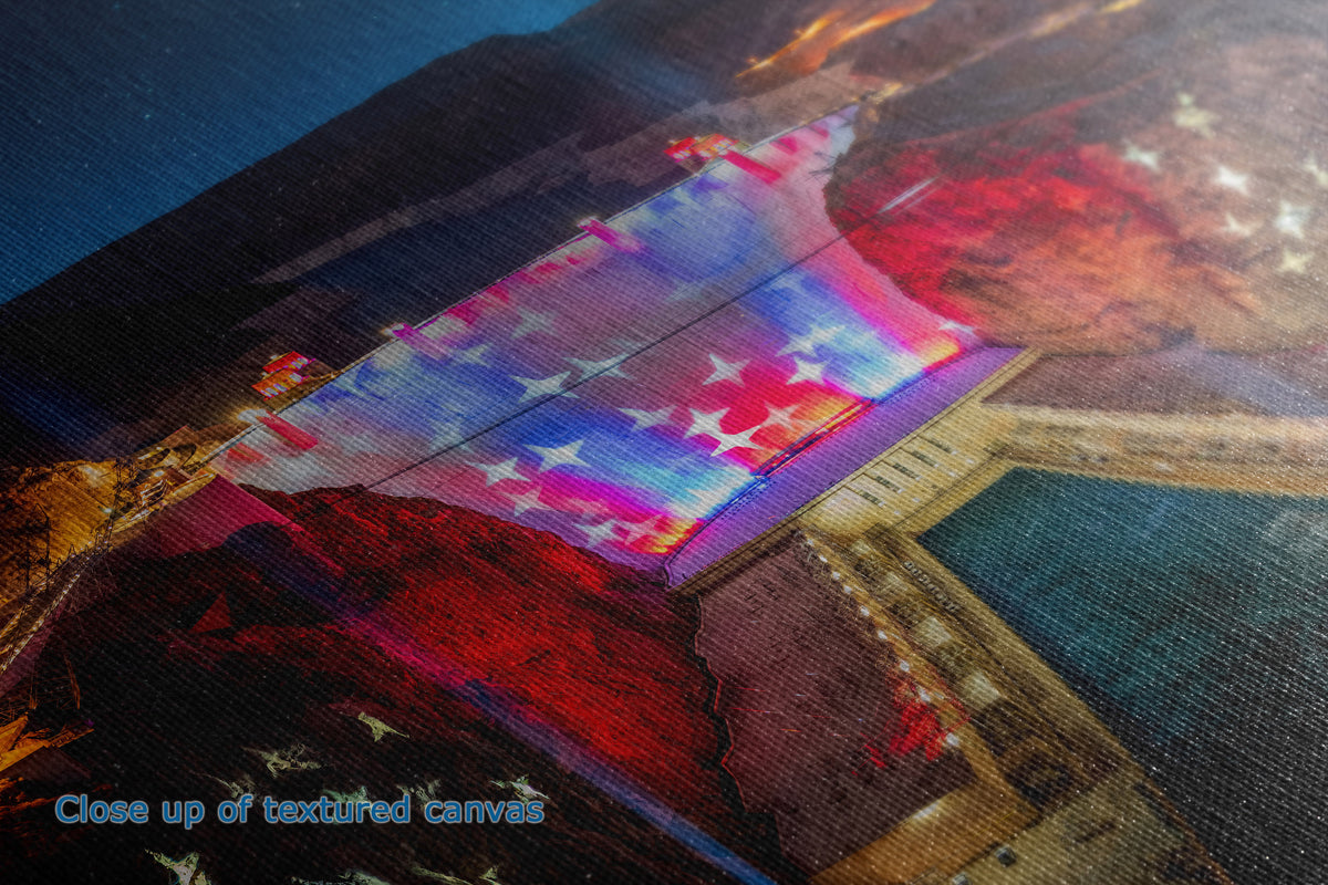 Close-up of a textured canvas print featuring a stylized landscape with a glowing, colorful rectangular structure resembling a lighthouse or beacon, surrounded by dark hills and a teal body of water. The text 'Close up of textured canvas' is visible in the bottom-left corner.