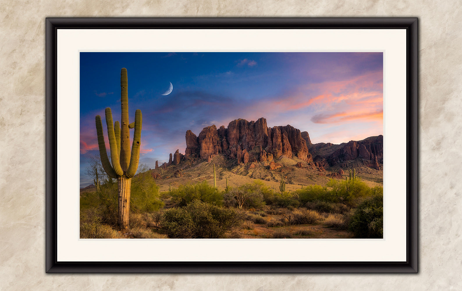 Arizona Desert Picture Sunset, Saguaro Cactus Artwork Nature Photo, Southwestern Wall Art of Superstition Mountains at Lost Dutchman State Park