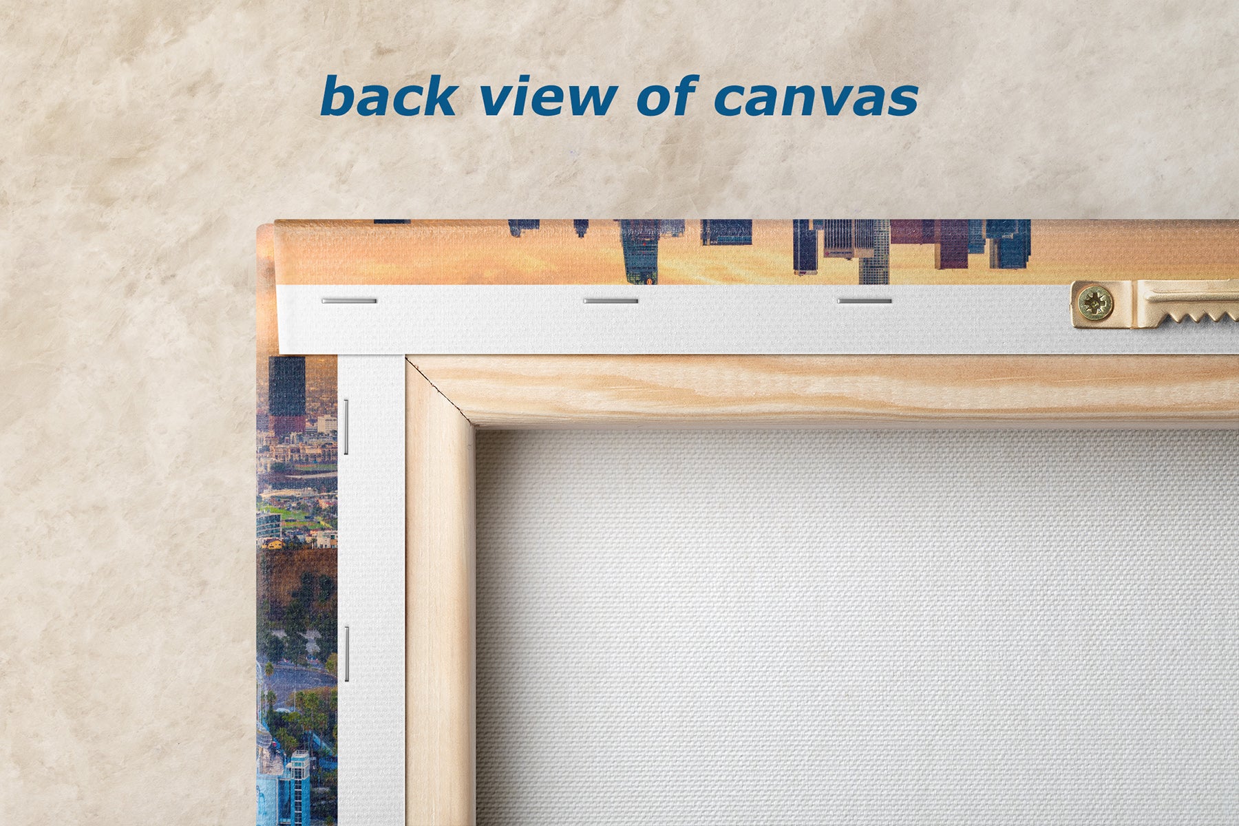 Back view of gallery-wrapped canvas print of Dodger Stadium and Los Angeles, baseball wall art ready to hang
