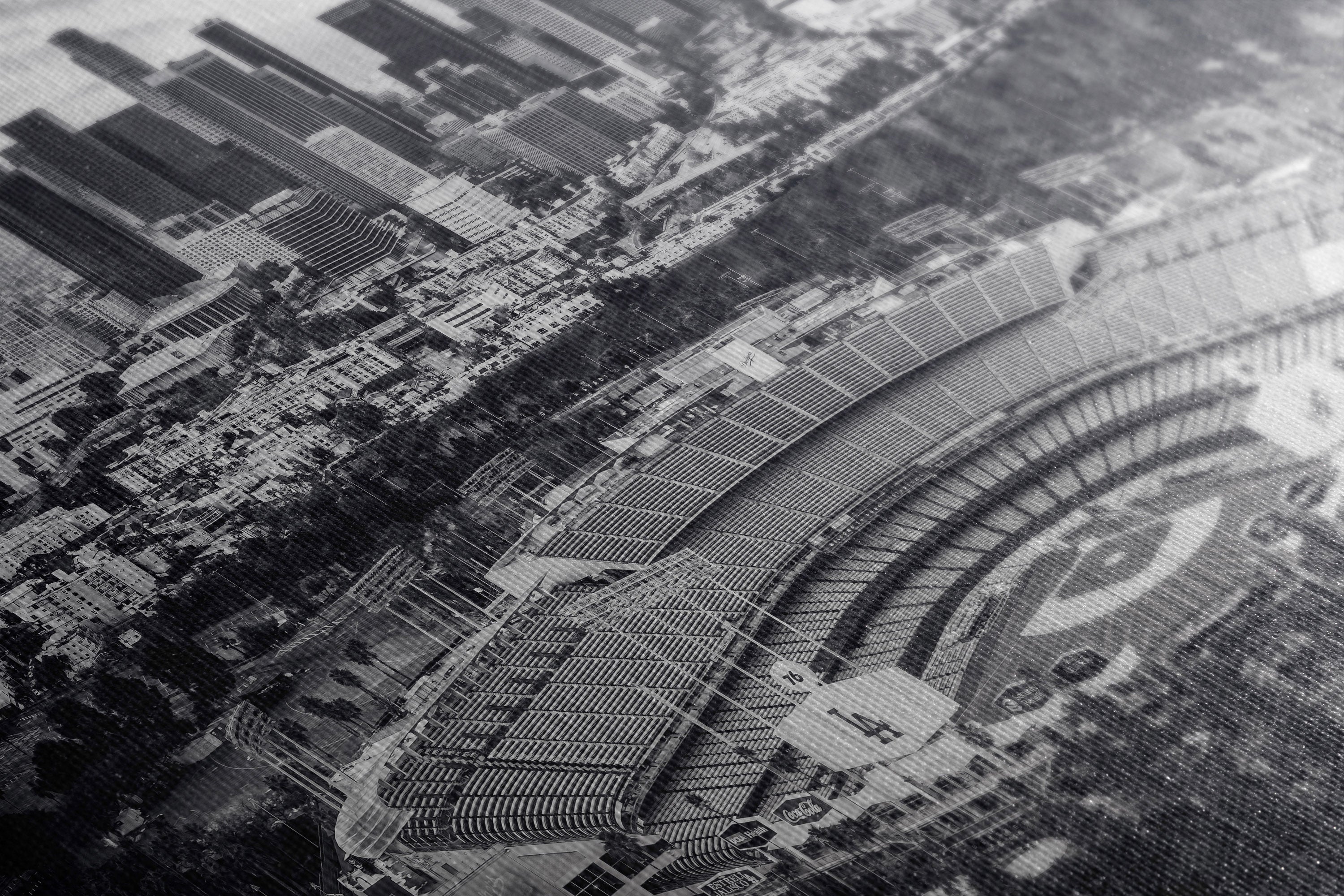 Close up canvas print of an aerial view of Los Angels skyline and Dodger Stadium. 