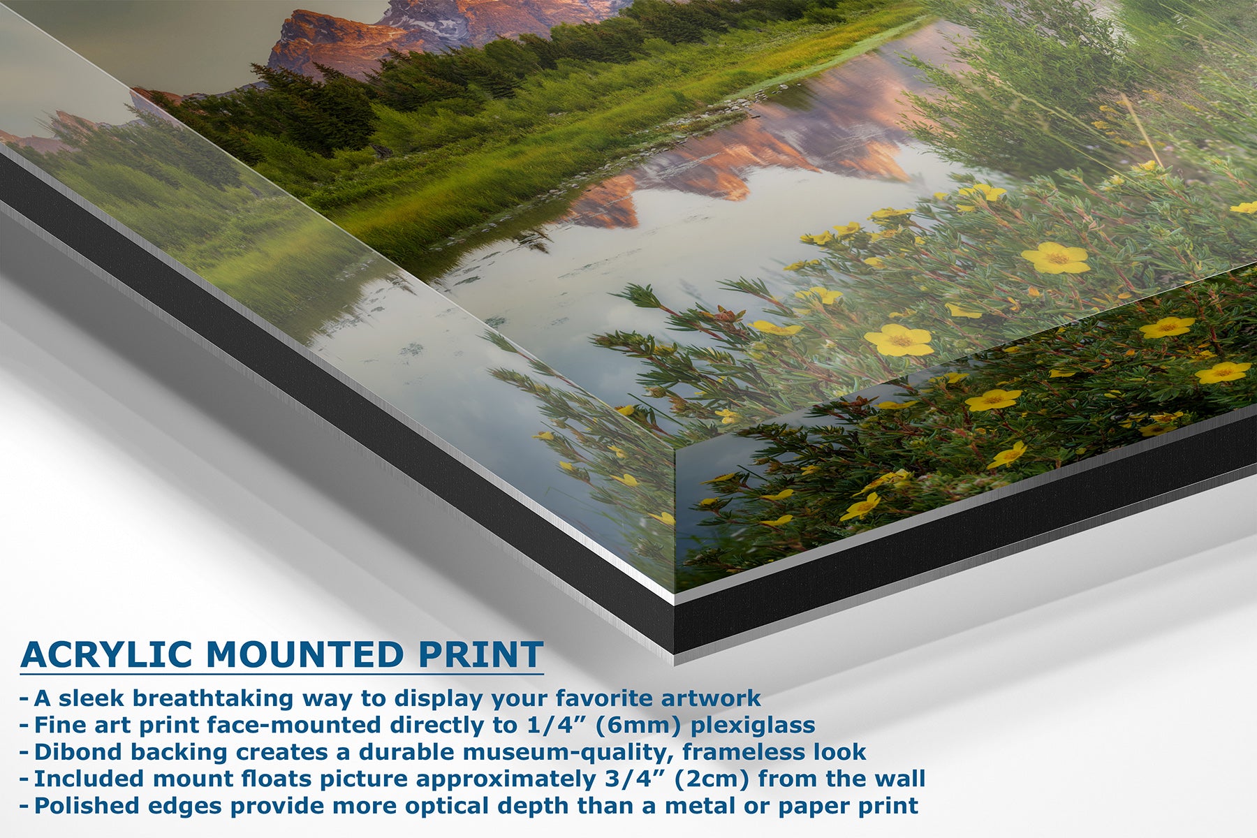 Acrylic-mounted art print showing a colorful landscape photograph of a river with green hills, yellow flowers, and red cliffs, with descriptive text on a white background.