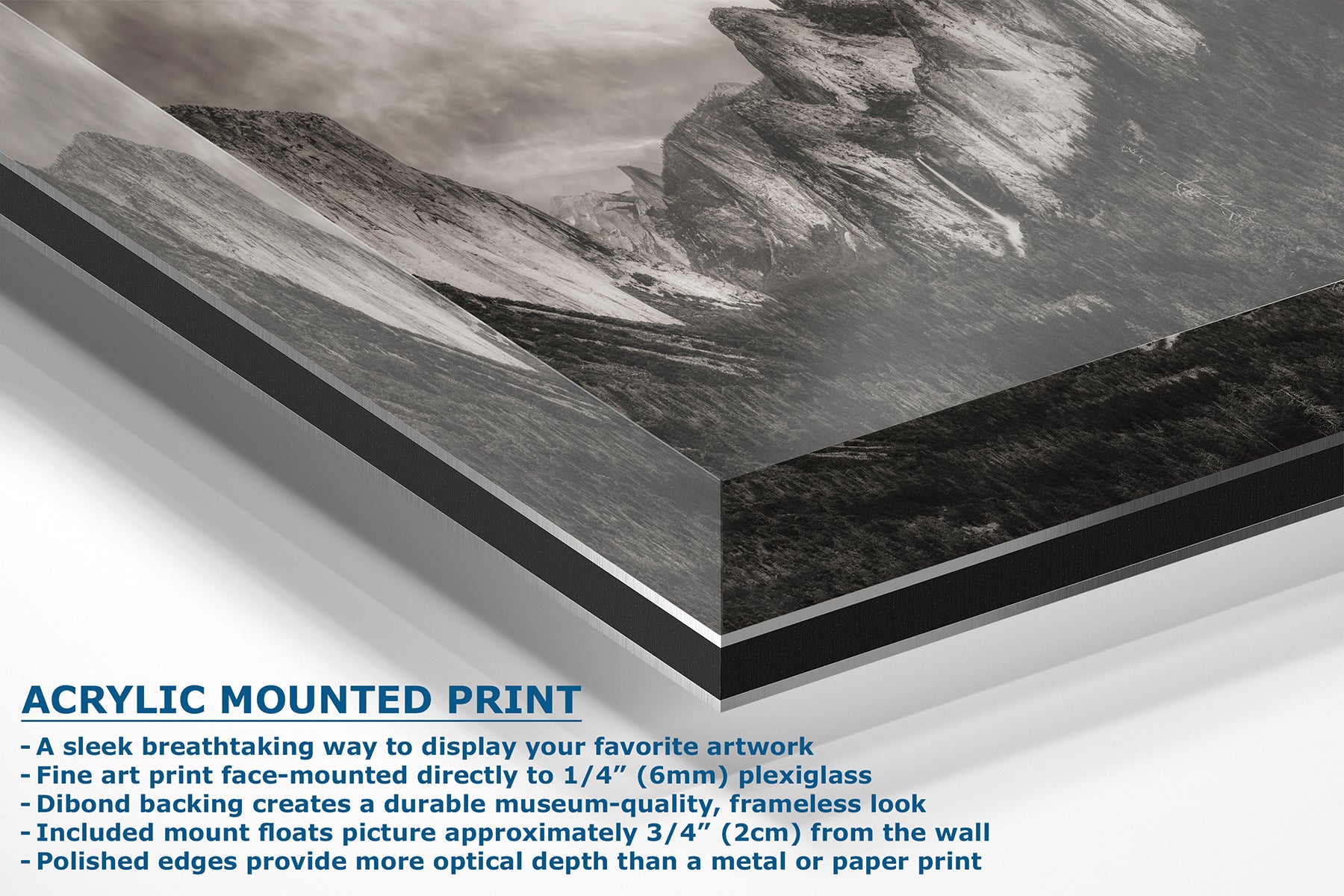 Acrylic mounted art print panel shown at an angle with a black-and-white landscape photograph, featuring descriptive text on a white background.