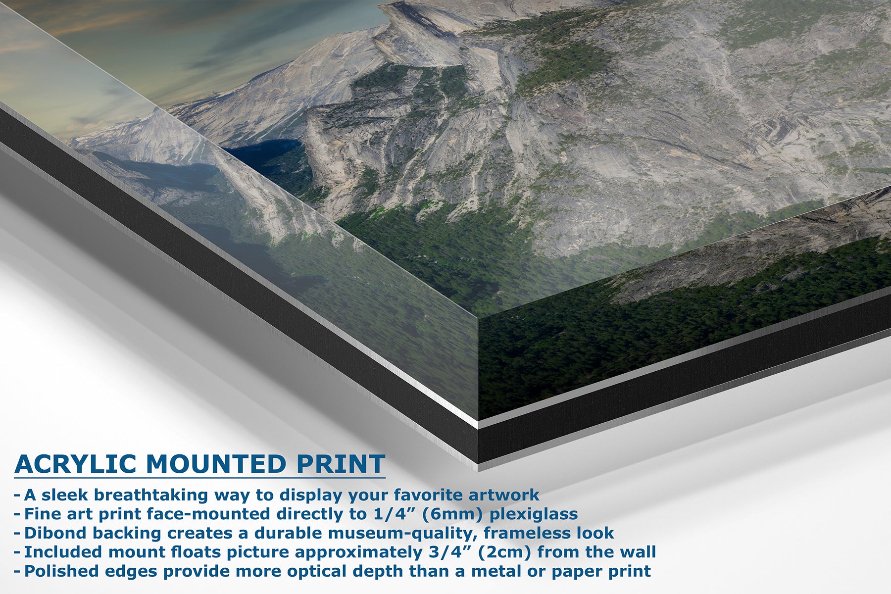 Acrylic mounted art print of a mountain landscape, showing a close-up of the frame edge and text detailing the mounting features on a white background.
