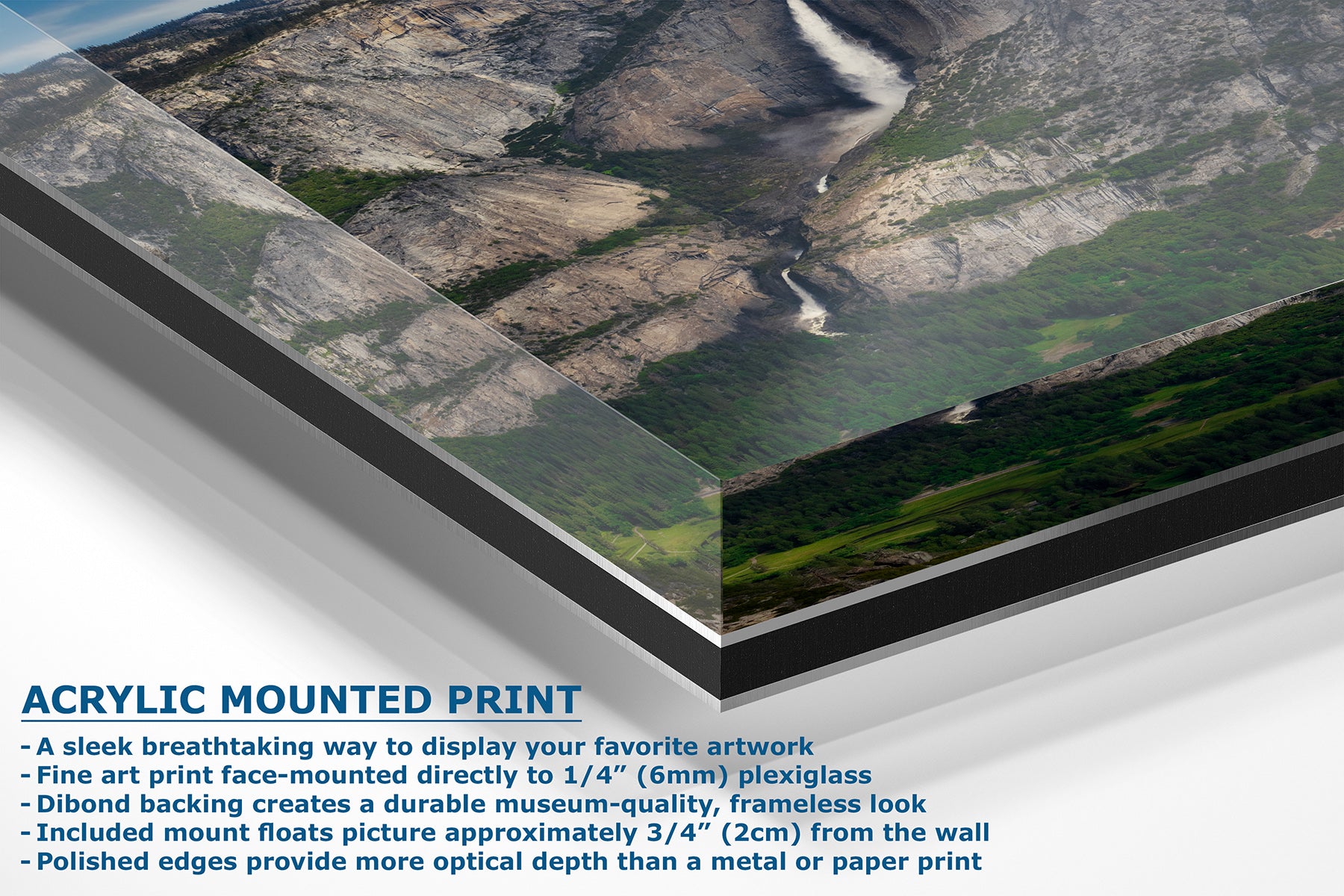 Acrylic mounted art print of a mountain landscape, showing a close-up perspective of the frame edge with descriptive text overlay detailing its features.