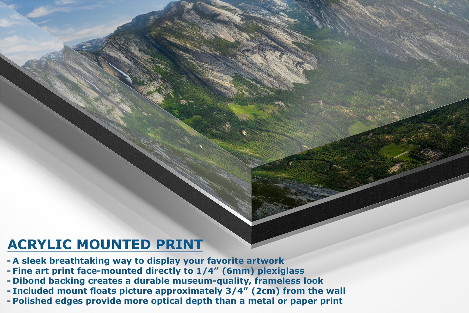 Acrylic-mounted art print showing a Yosemite Valley mountain landscape with green valleys and rocky peaks, with text describing the acrylic frame and print mounting details.
