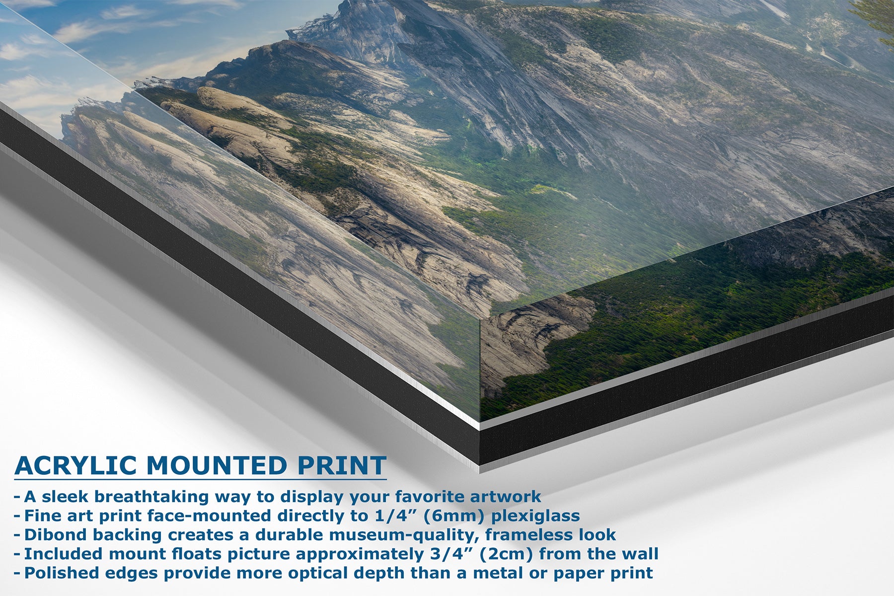 Acrylic mounted art print panel showing a mountain landscape reflection, with text detailing product features for acrylic framed wall art.