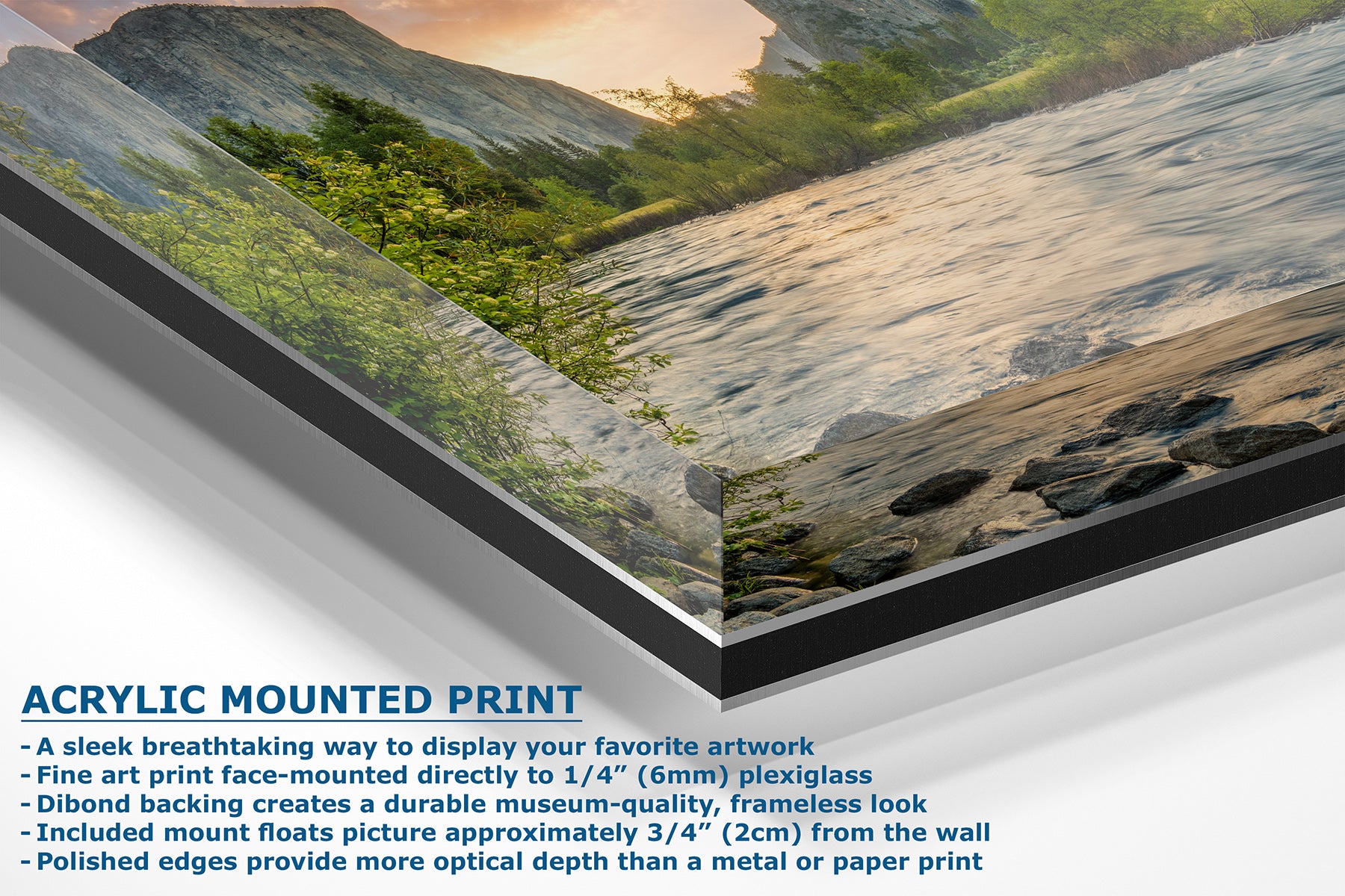Acrylic mounted art print of a mountain river landscape, shown at an angle with descriptive text highlighting its features on a white background.