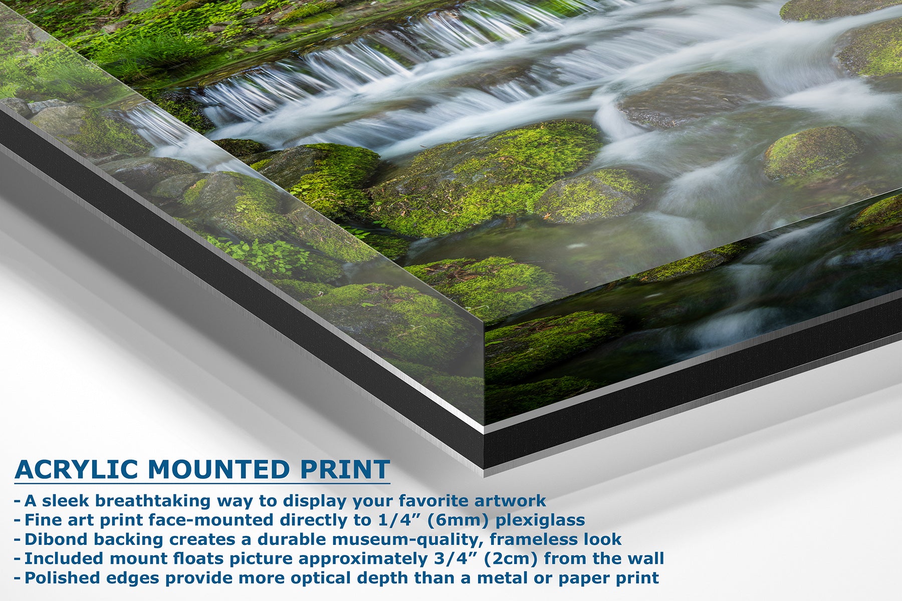 Acrylic mounted art print of a forest stream with mossy rocks and small waterfalls, shown at an angle with product text overlay on a white background.