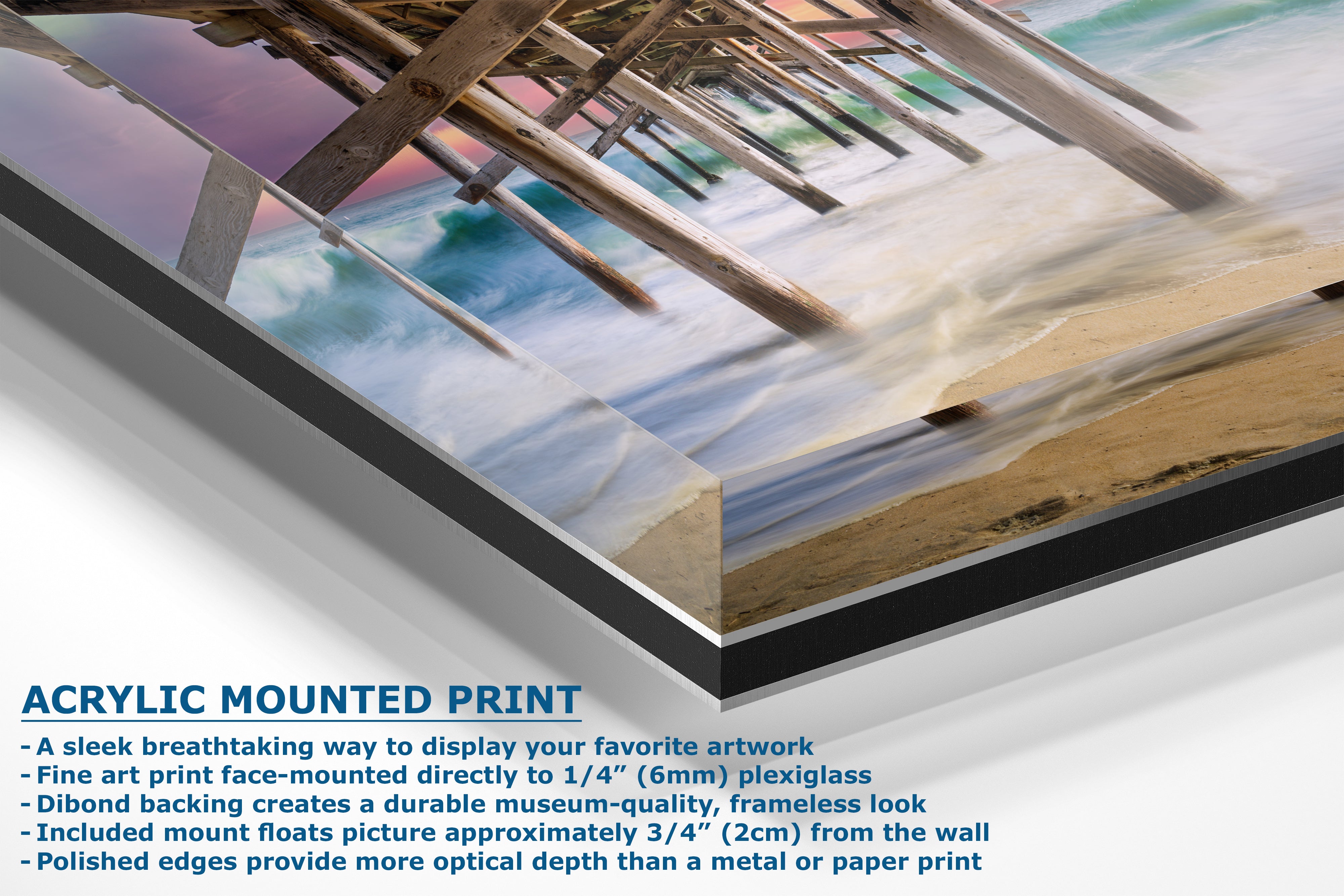 Limited Edition Fine Art Photography Ocean Picture, California Coastline Sunset Glow Under Pier